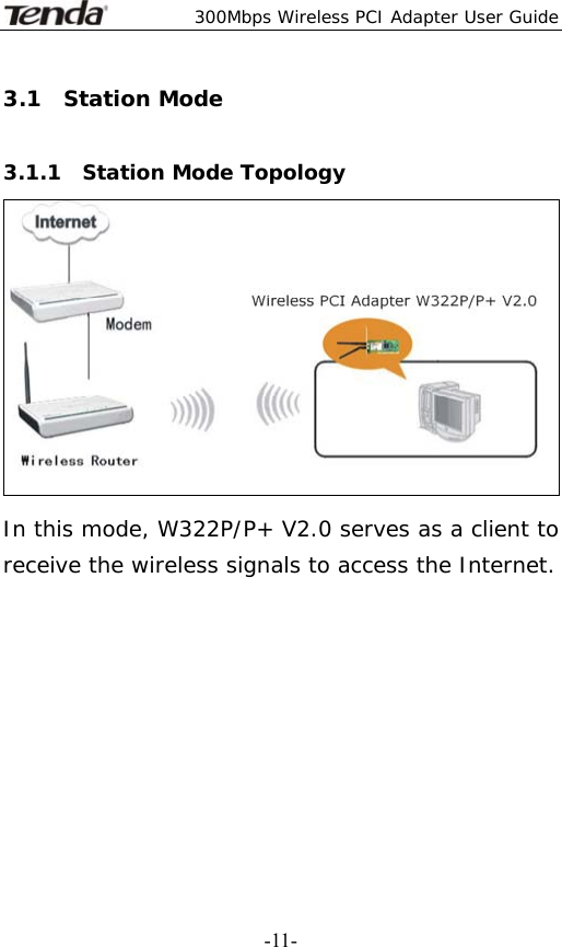  300Mbps Wireless PCI Adapter User Guide   -11-3.1  Station Mode   3.1.1  Station Mode Topology  In this mode, W322P/P+ V2.0 serves as a client to receive the wireless signals to access the Internet.    