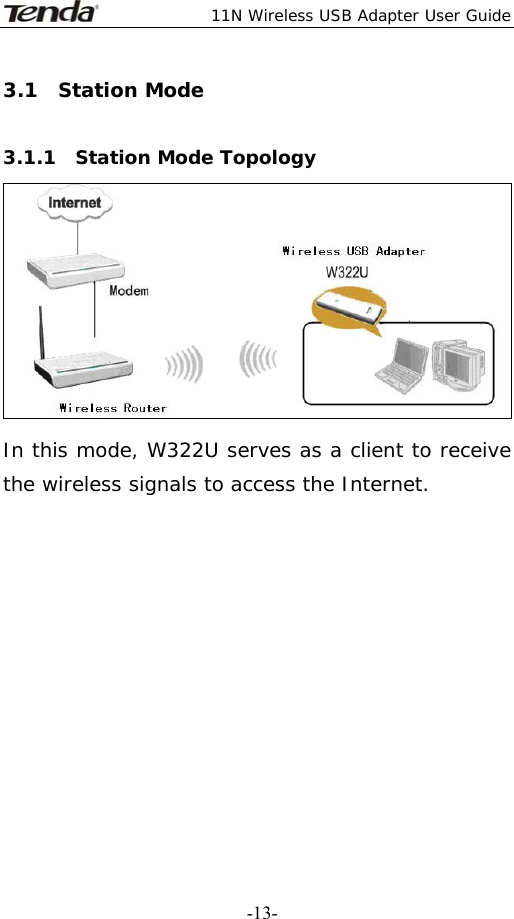  11N Wireless USB Adapter User Guide   -13-3.1  Station Mode   3.1.1  Station Mode Topology  In this mode, W322U serves as a client to receive the wireless signals to access the Internet.    