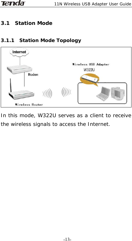  11N Wireless USB Adapter User Guide   -13-3.1  Station Mode   3.1.1  Station Mode Topology  In this mode, W322U serves as a client to receive the wireless signals to access the Internet.    