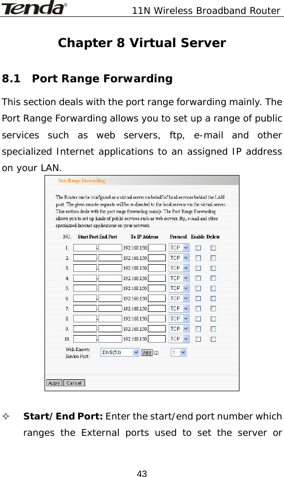               11N Wireless Broadband Router  43Chapter 8 Virtual Server  8.1  Port Range Forwarding This section deals with the port range forwarding mainly. The Port Range Forwarding allows you to set up a range of public services such as web servers, ftp, e-mail and other specialized Internet applications to an assigned IP address on your LAN.    Start/End Port: Enter the start/end port number which ranges the External ports used to set the server or 