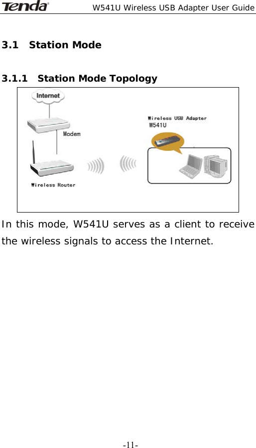  W541U Wireless USB Adapter User Guide   -11-3.1  Station Mode   3.1.1  Station Mode Topology  In this mode, W541U serves as a client to receive the wireless signals to access the Internet.       