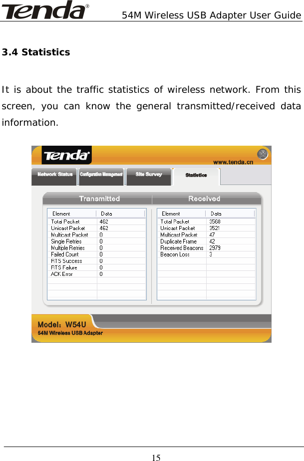        54M Wireless USB Adapter User Guide  15 3.4 Statistics It is about the traffic statistics of wireless network. From this screen, you can know the general transmitted/received data information.  