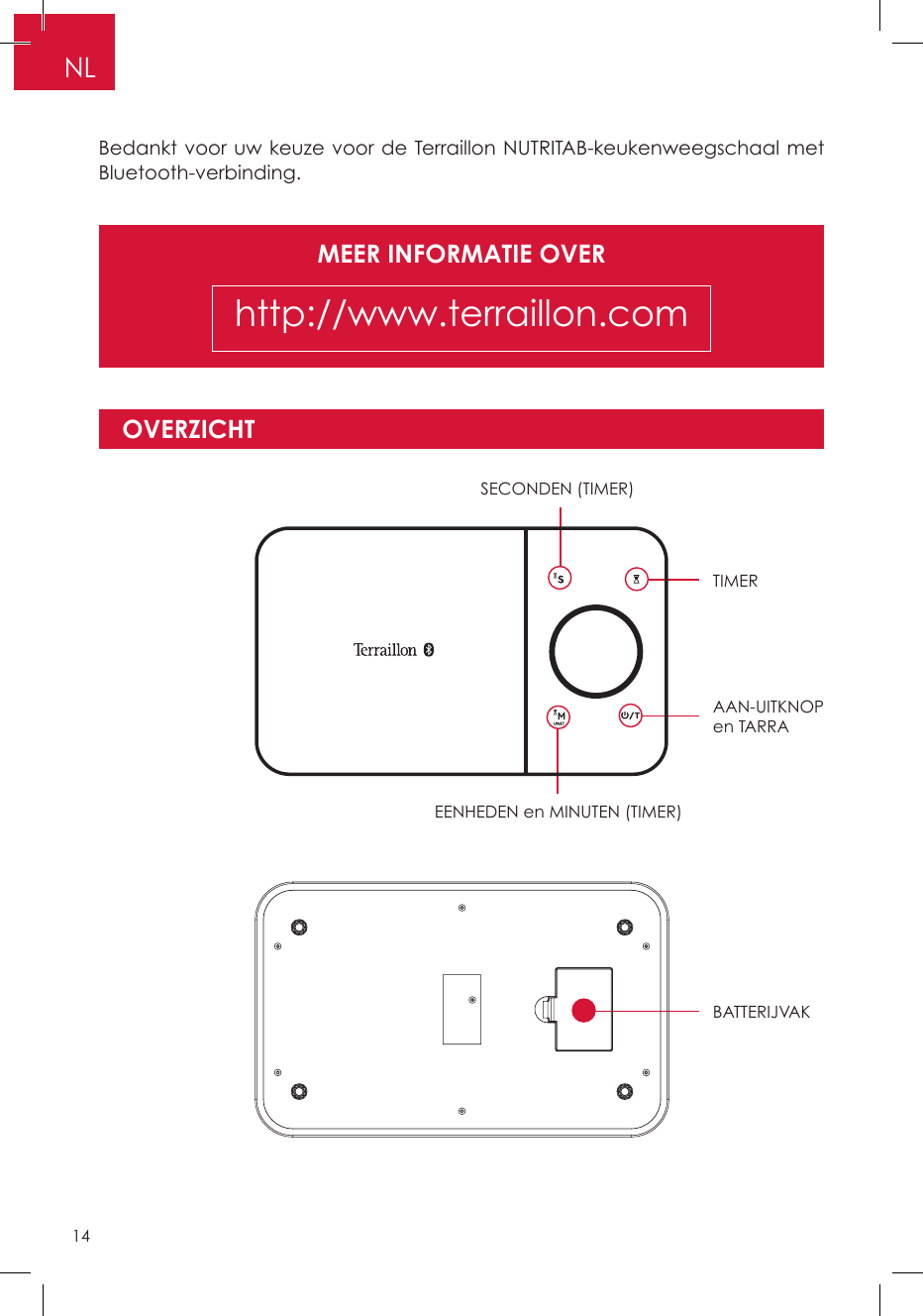 MEER INFORMATIE OVERhttp://www.terraillon.comBedankt voor uw keuze voor de Terraillon NUTRITAB-keukenweegschaal met Bluetooth-verbinding.OVERZICHTTIMERSECONDEN (TIMER)AAN-UITKNOP en TARRA BATTERIJVAKEENHEDEN en MINUTEN (TIMER)NL14