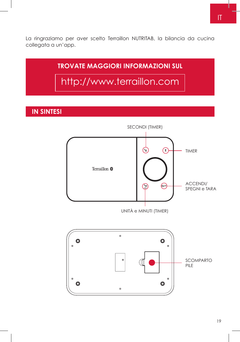 TROVATE MAGGIORI INFORMAZIONI SULhttp://www.terraillon.comLa ringraziamo per aver scelto Terraillon NUTRITAB, la bilancia da cucina collegata a un’app.IN SINTESITIMERSECONDI (TIMER)ACCENDI/SPEGNI e TARASCOMPARTO PILEUNITÀ e MINUTI (TIMER)IT19