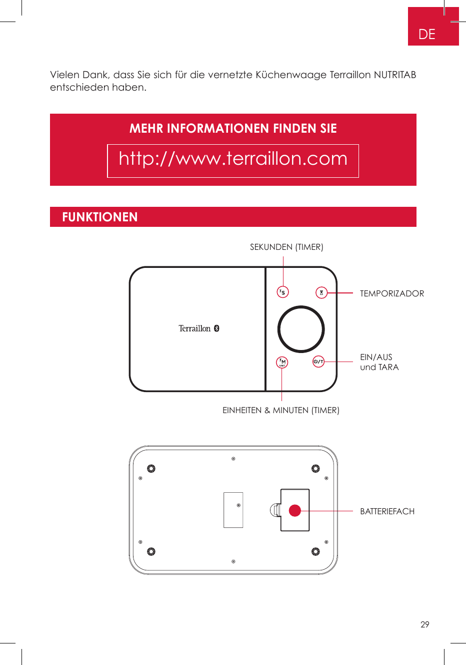 MEHR INFORMATIONEN FINDEN SIEhttp://www.terraillon.comVielen Dank, dass Sie sich für die vernetzte Küchenwaage Terraillon NUTRITAB entschieden haben.FUNKTIONENTEMPORIZADORSEKUNDEN (TIMER)EIN/AUS und TARA BATTERIEFACHEINHEITEN &amp; MINUTEN (TIMER)DE29