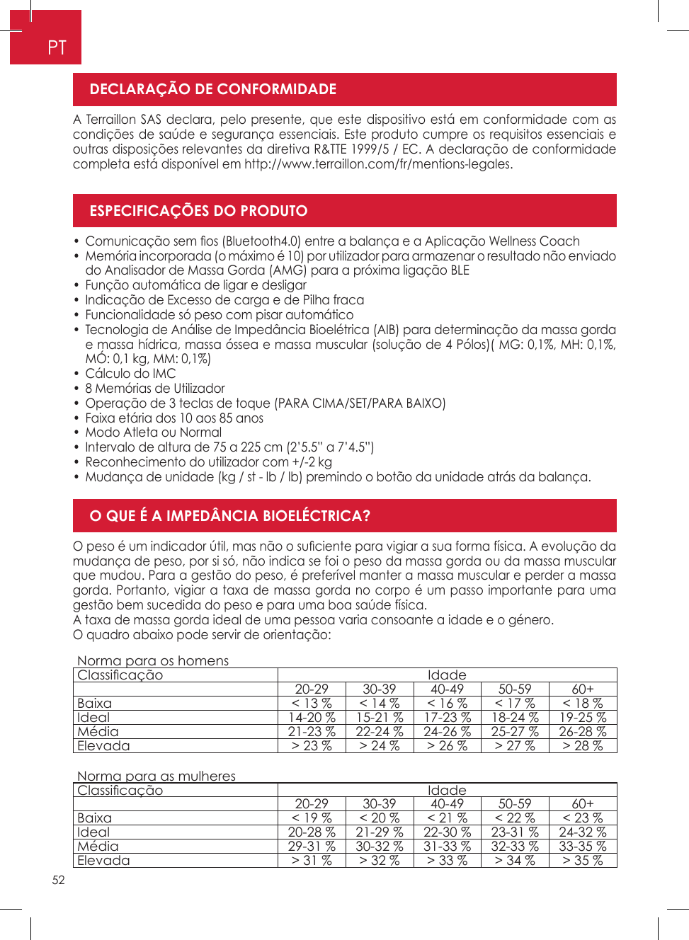 52PTA Terraillon SAS declara, pelo presente, que este dispositivo está em conformidade com as condições de saúde e segurança essenciais� Este produto cumpre os requisitos essenciais e outras disposições relevantes da diretiva R&amp;TTE 1999/5 / EC� A declaração de conformidade completa está disponível em http://www�terraillon�com/fr/mentions-legales�O peso é um indicador útil, mas não o suciente para vigiar a sua forma física. A evolução da mudança de peso, por si só, não indica se foi o peso da massa gorda ou da massa muscular que mudou� Para a gestão do peso, é preferível manter a massa muscular e perder a massa gorda� Portanto, vigiar a taxa de massa gorda no corpo é um passo importante para uma gestão bem sucedida do peso e para uma boa saúde física�A taxa de massa gorda ideal de uma pessoa varia consoante a idade e o género�O quadro abaixo pode servir de orientação:•  Comunicação sem os (Bluetooth4.0) entre a balança e a Aplicação Wellness Coach •  Memória incorporada (o máximo é 10) por utilizador para armazenar o resultado não enviado do Analisador de Massa Gorda (AMG) para a próxima ligação BLE •  Função automática de ligar e desligar •  Indicação de Excesso de carga e de Pilha fraca •  Funcionalidade só peso com pisar automático •  Tecnologia de Análise de Impedância Bioelétrica (AIB) para determinação da massa gorda e massa hídrica, massa óssea e massa muscular (solução de 4 Pólos)( MG: 0,1%, MH: 0,1%, MÓ: 0,1 kg, MM: 0,1%) •  Cálculo do IMC •  8 Memórias de Utilizador •  Operação de 3 teclas de toque (PARA CIMA/SET/PARA BAIXO) •  Faixa etária dos 10 aos 85 anos  •  Modo Atleta ou Normal •  Intervalo de altura de 75 a 225 cm (2’5�5” a 7’4�5”) •  Reconhecimento do utilizador com +/-2 kg •  Mudança de unidade (kg / st - lb / lb) premindo o botão da unidade atrás da balança�DECLARAÇÃO DE CONFORMIDADEO QUE É A IMPEDÂNCIA BIOELÉCTRICA?ESPECIFICAÇÕES DO PRODUTONorma para os homensClassicação Idade20-29 30-39 40-49 50-59 60+Baixa &lt; 13 %  &lt; 14 %  &lt; 16 % &lt; 17 % &lt; 18 %Ideal 14-20 %  15-21 %  17-23 % 18-24 % 19-25 %Média 21-23 % 22-24 % 24-26 % 25-27 % 26-28 %Elevada &gt; 23 %  &gt; 24 % &gt; 26 %  &gt; 27 %  &gt; 28 %Norma para as mulheresClassicação Idade20-29 30-39 40-49 50-59 60+Baixa &lt; 19 % &lt; 20 % &lt; 21 %  &lt; 22 %  &lt; 23 %Ideal 20-28 % 21-29 % 22-30 % 23-31 % 24-32 %Média 29-31 % 30-32 % 31-33 % 32-33 % 33-35 %Elevada &gt; 31 %  &gt; 32 %  &gt; 33 % &gt; 34 % &gt; 35 %