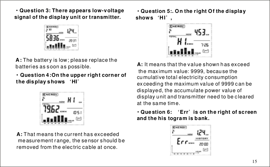 &middot;Question3:Thereappearslow-voltagesignalofthedisplayunitortransmitter.A:Thebatteryislow;pleasereplacethebatteriesassoonaspossible.&middot;&lsquo;&rsquo;Question4:OntheupperrightcornerofthedisplayshowsHIA: Thatmeansthecurrenthasexceededmeasurementrange,thesensorshouldberemovedfromtheelectriccableatonce.&middot;&lsquo;&rsquo;Question5:.OntherightOfthedisplayshowsHI,A: Itmeansthatthevalueshownhasexceedthemaximumvalue:9999,becausethecumulativetotalelectricityconsumptionexceedingthemaximumvalueof9999canbedisplayed,theaccumulatepowervalueofdisplayunitandtransmitterneedtobeclearedatthesametime.&middot;&lsquo;&rsquo;Question6:Errisontherightofscreenandthehistogramisbank.15