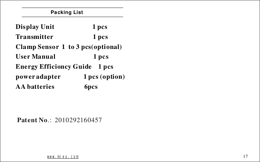 PackingListDisplayUnit1pcsTransmitter1pcsClampSensor1to3pcs(optional)UserManual1pcsEnergyEfficioncyGuide1pcspoweradapter1pcs(option)AAbatteries6pcswww.mieo.com 17PatentNo.:2010292160457