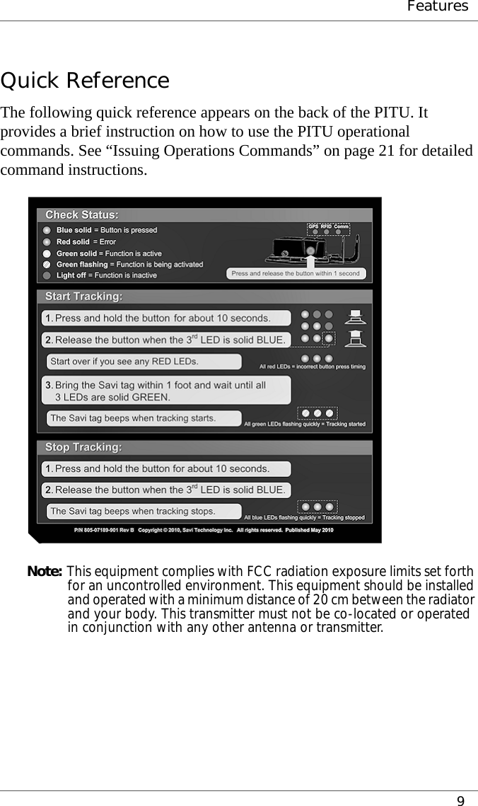  Features9Quick ReferenceThe following quick reference appears on the back of the PITU. It provides a brief instruction on how to use the PITU operational commands. See “Issuing Operations Commands” on page 21 for detailed command instructions.Note: This equipment complies with FCC radiation exposure limits set forth for an uncontrolled environment. This equipment should be installed and operated with a minimum distance of 20 cm between the radiator and your body. This transmitter must not be co-located or operated in conjunction with any other antenna or transmitter.