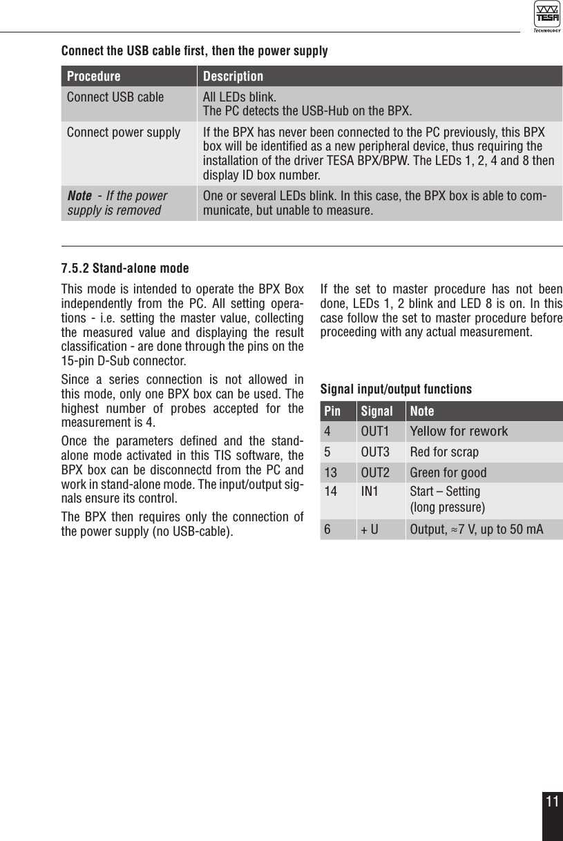 11Procedure DescriptionConnect USB cable All LEDs blink. The PC detects the USB-Hub on the BPX.Connect power supply If the BPX has never been connected to the PC previously, this BPX box will be identiﬁed as a new peripheral device, thus requiring the installation of the driver TESA BPX/BPW. The LEDs 1, 2, 4 and 8 then display ID box number.Note  - If the power supply is removedOne or several LEDs blink. In this case, the BPX box is able to com-municate, but unable to measure.Connect the USB cable ﬁrst, then the power supplyThis mode is intended to operate the BPX Box independently from the PC. All setting opera-tions - i.e. setting the master value, collecting the measured value and displaying the result classiﬁcation - are done through the pins on the 15-pin D-Sub connector. Since a series connection is not allowed in this mode, only one BPX box can be used. The  highest number of probes accepted for the measurement is 4.Once the parameters deﬁned and the stand-alone mode activated in this TIS software, the BPX box can be disconnectd from the PC and work in stand-alone mode. The input/output sig-nals ensure its control.The BPX then requires only the connection of the power supply (no USB-cable).If the set to master procedure has not been done, LEDs 1, 2 blink and LED 8 is on. In this case follow the set to master procedure before proceeding with any actual measurement. Signal input/output functionsPin SignalNote4 OUT1Yellow for rework5 OUT3 Red for scrap13 OUT2 Green for good14 IN1Start &ndash; Setting  (long pressure)6 + U Output, &asymp;7 V, up to 50 mA7.5.2 Stand-alone mode