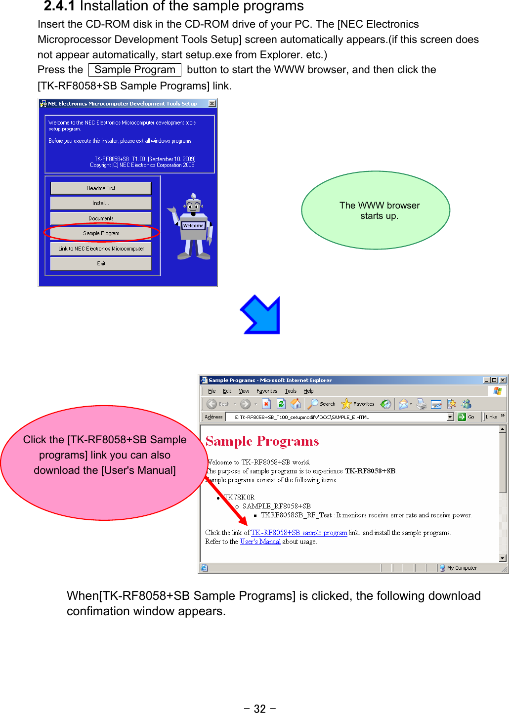 - 32 - 2.4.1 Installation of the sample programs Insert the CD-ROM disk in the CD-ROM drive of your PC. The [NEC Electronics Microprocessor Development Tools Setup] screen automatically appears.(if this screen does not appear automatically, start setup.exe from Explorer. etc.) Press the    Sample Program    button to start the WWW browser, and then click the [TK-RF8058+SB Sample Programs] link.          When[TK-RF8058+SB Sample Programs] is clicked, the following download confimation window appears. The WWW browser starts up. Click the [TK-RF8058+SB Sample programs] link you can also download the [User&apos;s Manual] 