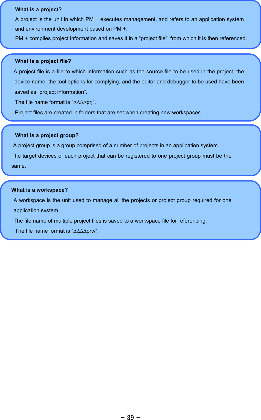 - 39 -  What is a project? A project is the unit in which PM + executes management, and refers to an application system and environment development based on PM +. PM + complies project information and saves it in a “project file”, from which it is then referenced.  What is a project file? A project file is a file to which information such as the source file to be used in the project, the device name, the tool options for complying, and the editor and debugger to be used have been saved as “project information”. The file name format is “ΔΔΔΔprj”. Project files are created in folders that are set when creating new workspaces.  What is a project group? A project group is a group comprised of a number of projects in an application system. The target devices of each project that can be registered to one project group must be the same.  What is a workspace? A workspace is the unit used to manage all the projects or project group required for one application system. The file name of multiple project files is saved to a workspace file for referencing. The file name format is “ΔΔΔΔprw”.       