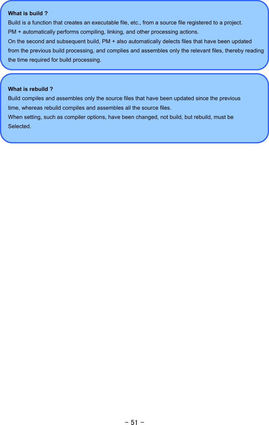 - 51 -   What is build ? Build is a function that creates an executable file, etc., from a source file registered to a project. PM + automatically performs compiling, linking, and other processing actions. On the second and subsequent build, PM + also automatically delects files that have been updated   from the previous build processing, and complies and assembles only the relevant files, thereby reading the time required for build processing.     What is rebuild ? Build compiles and assembles only the source files that have been updated since the previous time, whereas rebuild compiles and assembles all the source files.   When setting, such as compiler options, have been changed, not build, but rebuild, must be   Selected.                            