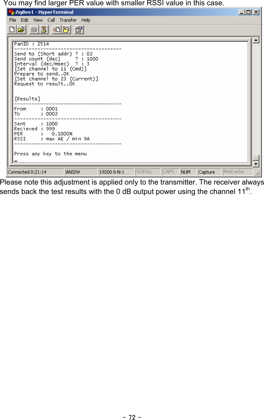 - 72 -  You may find larger PER value with smaller RSSI value in this case.  Please note this adjustment is applied only to the transmitter. The receiver always sends back the test results with the 0 dB output power using the channel 11th. 