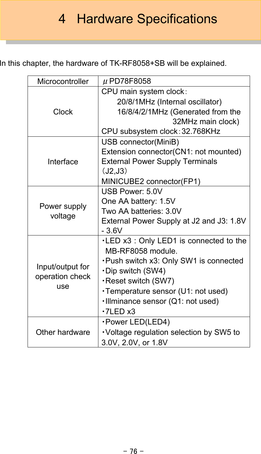 - 76 -  4 Hardware Specifications    In this chapter, the hardware of TK-RF8058+SB will be explained.  Microcontroller  μPD78F8058 Clock CPU main system clock： 20/8/1MHz (Internal oscillator) 16/8/4/2/1MHz (Generated from the 32MHz main clock)   CPU subsystem clock：32.768KHz Interface USB connector(MiniB) Extension connector(CN1: not mounted) External Power Supply Terminals （J2,J3） MINICUBE2 connector(FP1) Power supply voltage USB Power: 5.0V One AA battery: 1.5V Two AA batteries: 3.0V External Power Supply at J2 and J3: 1.8V - 3.6V   Input/output for operation check use ・LED x3 : Only LED1 is connected to the MB-RF8058 module. ・Push switch x3: Only SW1 is connected ・Dip switch (SW4) ・Reset switch (SW7) ・Temperature sensor (U1: not used) ・Illminance sensor (Q1: not used) ・7LED x3 Other hardware ・Power LED(LED4) ・Voltage regulation selection by SW5 to 3.0V, 2.0V, or 1.8V   