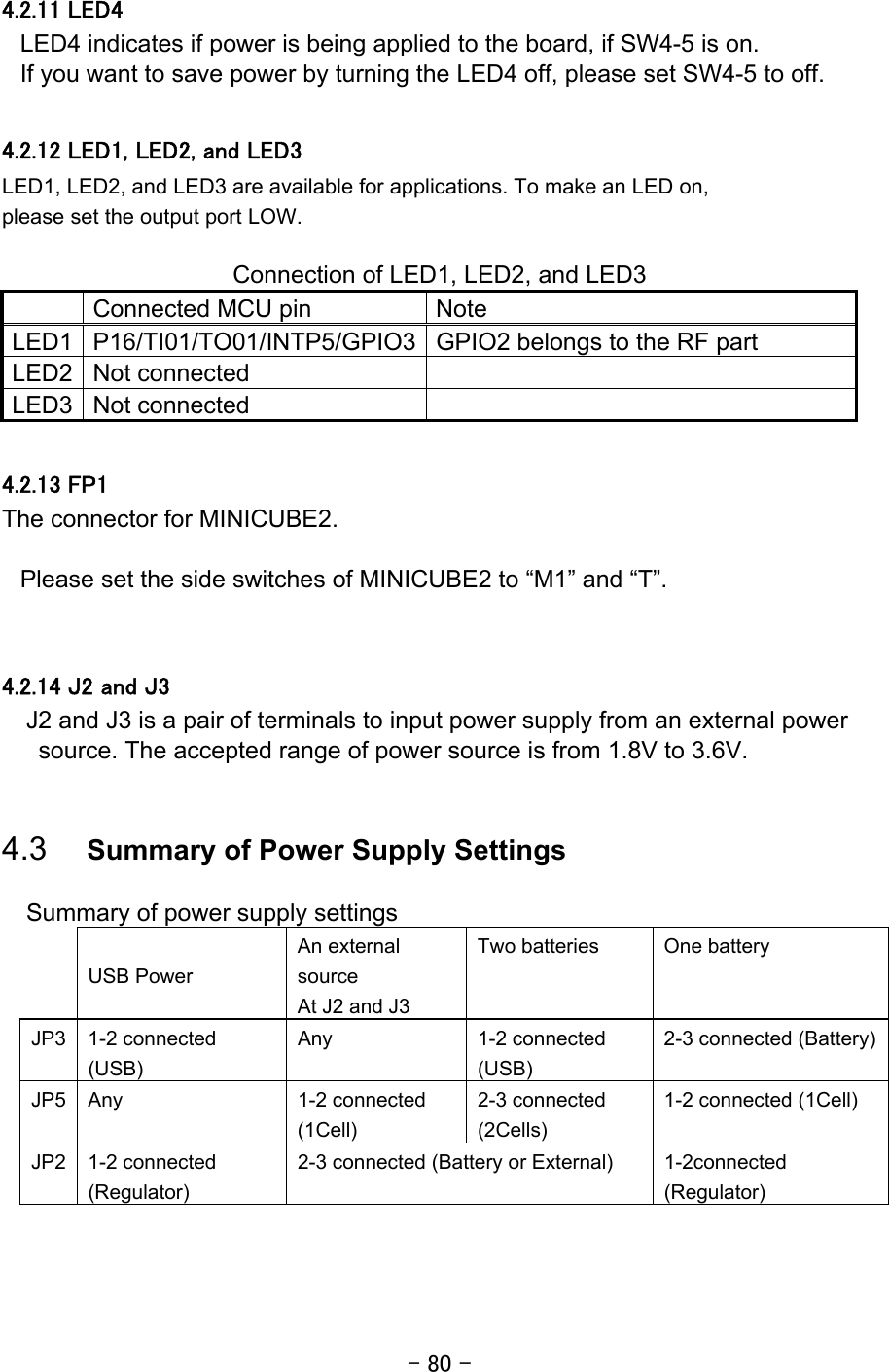 - 80 -  4.2.11 LED4 LED4 indicates if power is being applied to the board, if SW4-5 is on. If you want to save power by turning the LED4 off, please set SW4-5 to off.  4.2.12 LED1, LED2, and LED3 LED1, LED2, and LED3 are available for applications. To make an LED on,   please set the output port LOW.  Connection of LED1, LED2, and LED3  Connected MCU pin  Note LED1 P16/TI01/TO01/INTP5/GPIO3 GPIO2 belongs to the RF part LED2 Not connected   LED3 Not connected    4.2.13 FP1 The connector for MINICUBE2.  Please set the side switches of MINICUBE2 to “M1” and “T”.   4.2.14 J2 and J3 J2 and J3 is a pair of terminals to input power supply from an external power source. The accepted range of power source is from 1.8V to 3.6V.  4.3  Summary of Power Supply Settings  Summary of power supply settings  USB Power An external source At J2 and J3 Two batteries  One battery JP3 1-2 connected (USB) Any 1-2 connected (USB) 2-3 connected (Battery)JP5 Any  1-2 connected (1Cell) 2-3 connected (2Cells) 1-2 connected (1Cell) JP2 1-2 connected (Regulator) 2-3 connected (Battery or External)  1-2connected (Regulator)  