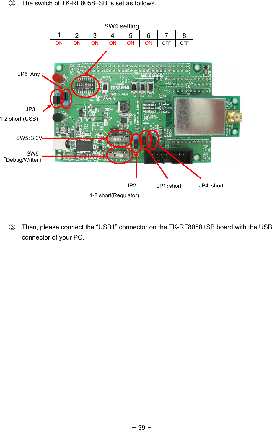 - 99 - ②  The switch of TK-RF8058+SB is set as follows.              ③  Then, please connect the “USB1” connector on the TK-RF8058+SB board with the USB connector of your PC.  SW4 setting 1  2 3 4 5 6 7 8 ON ON ON ON ON ON OFF OFFJP5：Any JP3： 1-2 short (USB) SW5：3.0V SW6： 「Debug/Writer」 JP2：1-2 short(Regulator)JP1：short JP4：short 