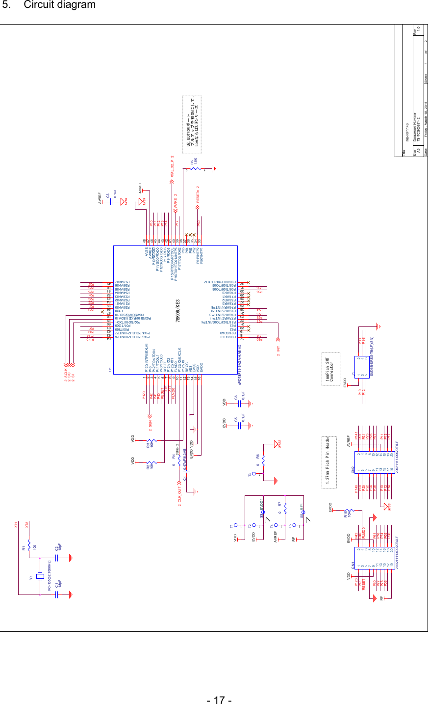- 17 - P74P06 P05P501.27mm Pich Pin HeaderT31CN120021111-00020T4LF1 23 45 67 891011131517191214161820T21U1uPD78F1146AGA-HAB-AXP120/INTP0/EXLVI1P432P42/TI04/TO043P41/TOOL14P40/TOOL05RESET6P124/XT27P123/XT18FLMD09P122/X2/EXC LK10P121/X111REGC12VSS13EVSS14VDD15EVDD16P60/SCL017P61/SDA018P6219P6320P31/TI03/ TO03/I NTP421P77/KR7/I NTP1122P76/KR6/I NTP1023P75/KR5/I NTP924P74/KR4/I NTP825P73/KR326P72/KR227P71/KR128P70/KR029P06/TI06/ TO0630P05/TI05/ TO0531P30/INT P3/RTC1HZ32P50/INTP1 33P51/INTP2 34P52 35P53 36P54 37P55 38P17/TI02/TO02 39P16/TI01/TO01/IN TP5 40P15/RTCDIV/RTCCL 41P14/RXD3 42P13/TXD3 43P12/SO00/TXD0 44P11/SI00/RXD0 45P10/SCK00 46AVREF 47AVSS 48P27/ANI7 49P26/ANI6 50P25/ANI5 51P24/ANI4 52P23/ANI3 53P22/ANI2 54P21/ANI1 55P20/ANI0 56P130 57P04/SCK10/SCL10 58P03/SI10/R XD1/SD A10 59P02/SO10/TXD1 60P01/TO00 61P00/TI00 62P141/PCLBUZ1/INTP7 63P140/PCLBUZ0/INTP6 64Tit l eSize Docum ent Number RevDate: Sheet ofTS-TCS00874-2 1.0MB-RF1146A312Friday , March 18,  201178K0R/KE3CLK_OUT2T51R310KRF1SSVDDRFRFAVREFT41SEN2XT2XT1FLMD0P41RESETVDDSI2C4 0.47uF/6. 3VBP40SO2C60.1uFVDDSCLK2INT2R210KVDDWAKE 2AVREFRESETn 2P10P11P12P141P141P10P12P11CN220021111-00020T4LF1 23 45 67 891011131517191214161820P14AVSSP24P26P10P12P17P140P00P20P22 P23P25P27P11P13AVREFP141P01P21C118pFC218pFY1FC-135(32.768KHz)R1100XT2XT1AVSSAVSSR60EVDD1SSR70T11VDDP120P42P60P61J1SM06B-SRSS-TB(LF )(SN) 1 23 45 6P74R40(Shield)C30.1uFAVREFEVDDEVDDC50.1uFP75P76P06P77R51.5K1 2P05UZ,UD判別ポートプルアップを有効にして、LowならばUDシリーズP50P17EVDDP13P14P20XTAL_32_P 2P21P22P23P24P25P26P00P27P01P140AVSSP120 P42VDD EVDDP41 P40RESET FLMD0EVDDP60 P61P771mmPich SMT ConnectorP76R1810KEVDDP755. Circuit diagram        