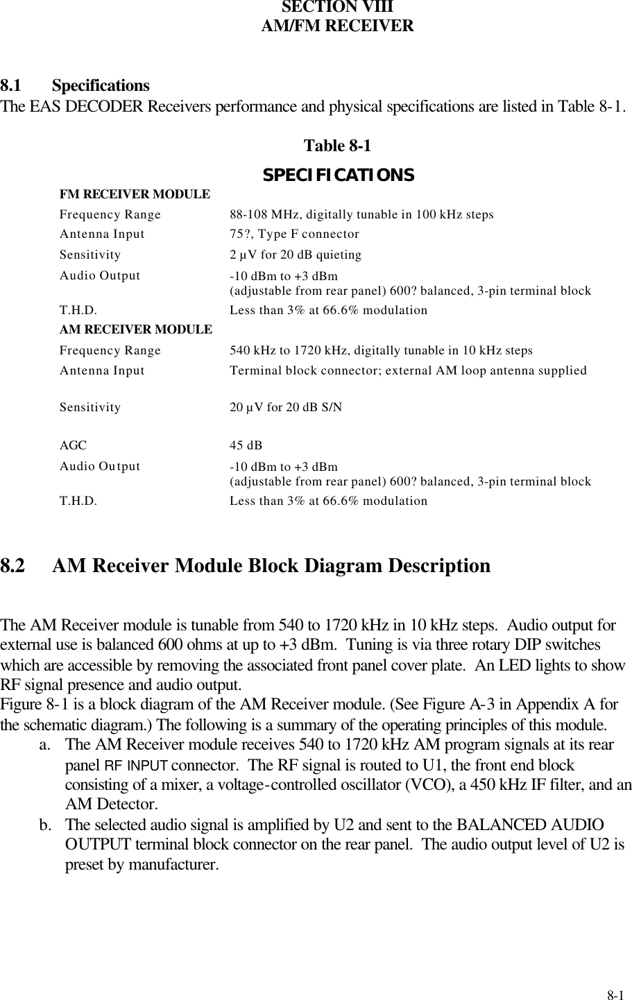     8-1  SECTION VIII AM/FM RECEIVER   8.1  Specifications The EAS DECODER Receivers performance and physical specifications are listed in Table 8-1.  Table 8-1 SPECIFICATIONS FM RECEIVER MODULE Frequency Range 88-108 MHz, digitally tunable in 100 kHz steps Antenna Input 75?, Type F connector Sensitivity 2 µV for 20 dB quieting Audio Output -10 dBm to +3 dBm (adjustable from rear panel) 600? balanced, 3-pin terminal block T.H.D. Less than 3% at 66.6% modulation AM RECEIVER MODULE Frequency Range 540 kHz to 1720 kHz, digitally tunable in 10 kHz steps Antenna Input Terminal block connector; external AM loop antenna supplied  Sensitivity 20 µV for 20 dB S/N  AGC 45 dB Audio Output -10 dBm to +3 dBm (adjustable from rear panel) 600? balanced, 3-pin terminal block T.H.D. Less than 3% at 66.6% modulation  8.2 AM Receiver Module Block Diagram Description  The AM Receiver module is tunable from 540 to 1720 kHz in 10 kHz steps.  Audio output for external use is balanced 600 ohms at up to +3 dBm.  Tuning is via three rotary DIP switches which are accessible by removing the associated front panel cover plate.  An LED lights to show RF signal presence and audio output. Figure 8-1 is a block diagram of the AM Receiver module. (See Figure A-3 in Appendix A for the schematic diagram.) The following is a summary of the operating principles of this module. a. The AM Receiver module receives 540 to 1720 kHz AM program signals at its rear panel RF INPUT connector.  The RF signal is routed to U1, the front end block consisting of a mixer, a voltage-controlled oscillator (VCO), a 450 kHz IF filter, and an AM Detector.   b.  The selected audio signal is amplified by U2 and sent to the BALANCED AUDIO OUTPUT terminal block connector on the rear panel.  The audio output level of U2 is preset by manufacturer. 