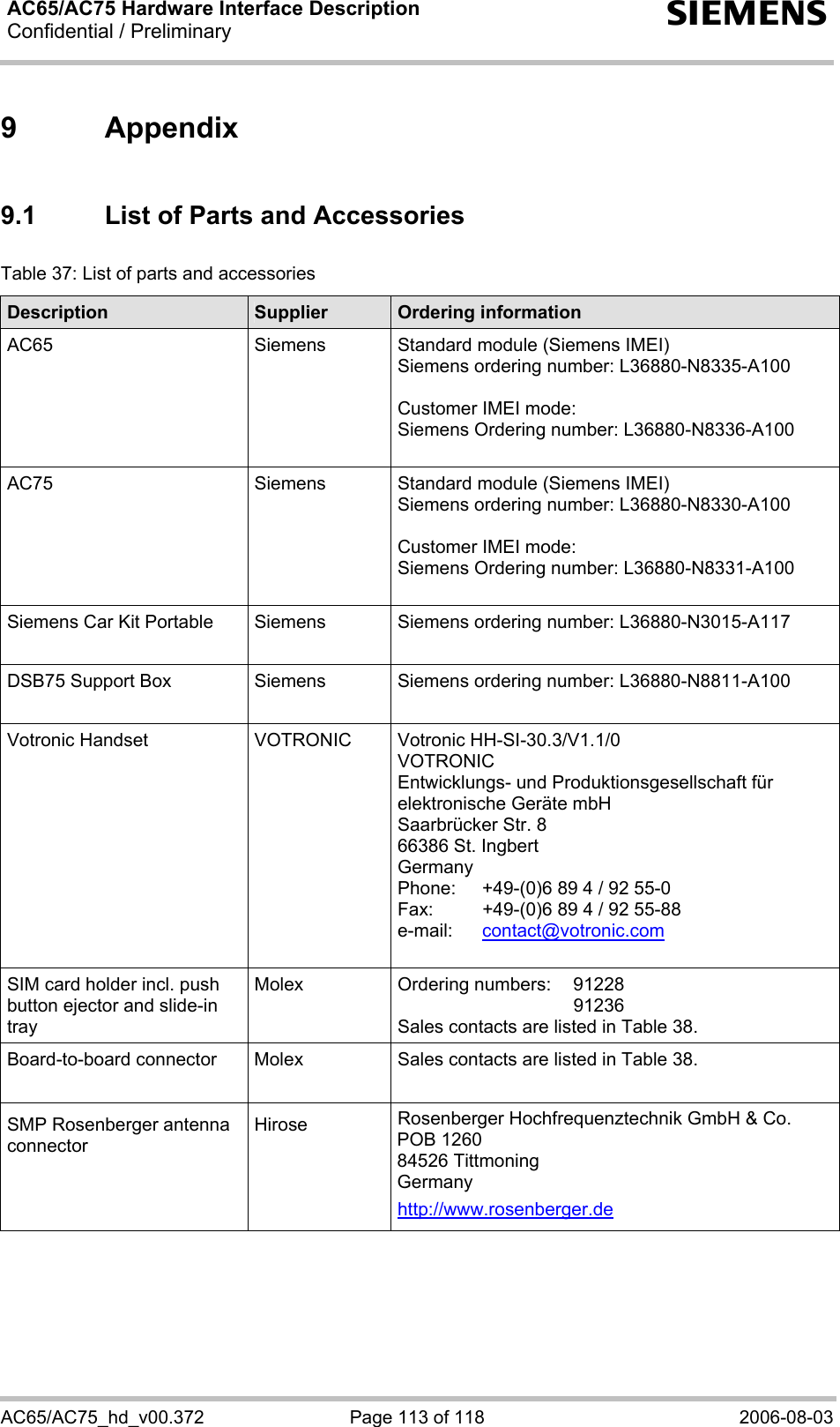 AC65/AC75 Hardware Interface Description Confidential / Preliminary  s AC65/AC75_hd_v00.372  Page 113 of 118  2006-08-03 9 Appendix 9.1  List of Parts and Accessories Table 37: List of parts and accessories Description  Supplier  Ordering information AC65  Siemens  Standard module (Siemens IMEI) Siemens ordering number: L36880-N8335-A100  Customer IMEI mode: Siemens Ordering number: L36880-N8336-A100  AC75  Siemens  Standard module (Siemens IMEI) Siemens ordering number: L36880-N8330-A100  Customer IMEI mode: Siemens Ordering number: L36880-N8331-A100  Siemens Car Kit Portable  Siemens  Siemens ordering number: L36880-N3015-A117 DSB75 Support Box  Siemens  Siemens ordering number: L36880-N8811-A100 Votronic Handset  VOTRONIC  Votronic HH-SI-30.3/V1.1/0 VOTRONIC  Entwicklungs- und Produktionsgesellschaft für elektronische Geräte mbH Saarbrücker Str. 8 66386 St. Ingbert Germany Phone:   +49-(0)6 89 4 / 92 55-0 Fax:   +49-(0)6 89 4 / 92 55-88 e-mail:   contact@votronic.com  SIM card holder incl. push button ejector and slide-in tray Molex  Ordering numbers:  91228   91236 Sales contacts are listed in Table 38. Board-to-board connector  Molex  Sales contacts are listed in Table 38. SMP Rosenberger antenna connector Hirose  Rosenberger Hochfrequenztechnik GmbH &amp; Co. POB 1260 84526 Tittmoning Germany http://www.rosenberger.de     