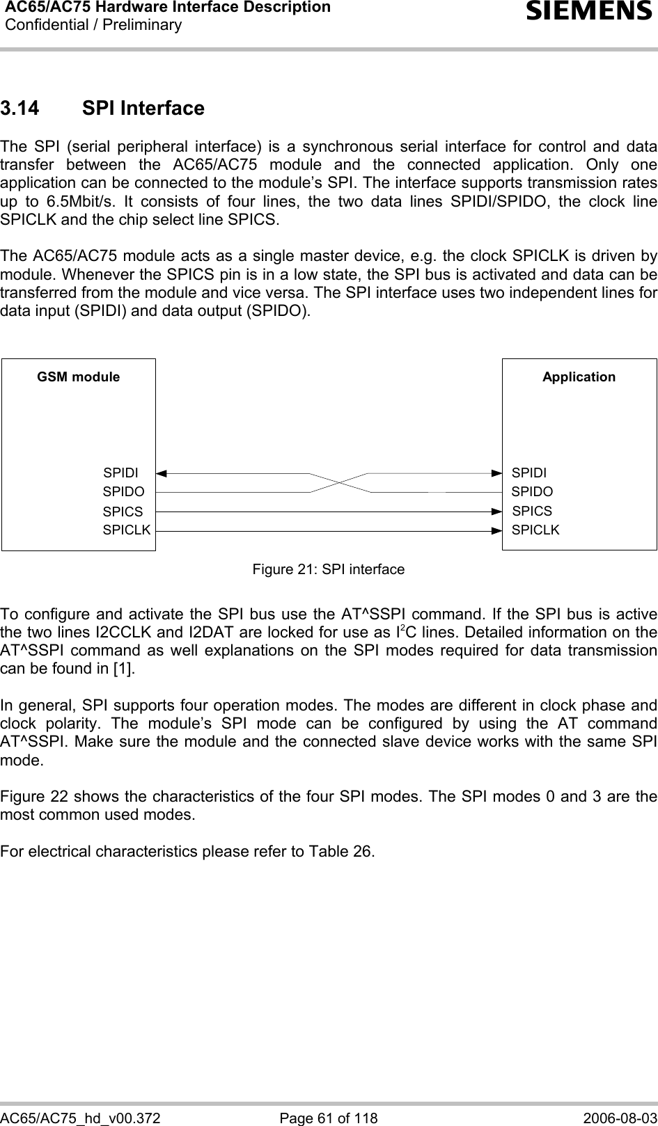 AC65/AC75 Hardware Interface Description Confidential / Preliminary   s AC65/AC75_hd_v00.372  Page 61 of 118  2006-08-03 3.14 SPI Interface The SPI (serial peripheral interface) is a synchronous serial interface for control and data transfer between the AC65/AC75 module and the connected application. Only one application can be connected to the module’s SPI. The interface supports transmission rates up to 6.5Mbit/s. It consists of four lines, the two data lines SPIDI/SPIDO, the clock line SPICLK and the chip select line SPICS.   The AC65/AC75 module acts as a single master device, e.g. the clock SPICLK is driven by module. Whenever the SPICS pin is in a low state, the SPI bus is activated and data can be transferred from the module and vice versa. The SPI interface uses two independent lines for data input (SPIDI) and data output (SPIDO).   GSM module ApplicationSPICLK SPICLKSPICS SPICSSPIDOSPIDI SPIDISPIDO Figure 21: SPI interface  To configure and activate the SPI bus use the AT^SSPI command. If the SPI bus is active the two lines I2CCLK and I2DAT are locked for use as I2C lines. Detailed information on the AT^SSPI command as well explanations on the SPI modes required for data transmission can be found in [1].  In general, SPI supports four operation modes. The modes are different in clock phase and clock polarity. The module’s SPI mode can be configured by using the AT command AT^SSPI. Make sure the module and the connected slave device works with the same SPI mode.  Figure 22 shows the characteristics of the four SPI modes. The SPI modes 0 and 3 are the most common used modes.   For electrical characteristics please refer to Table 26.  