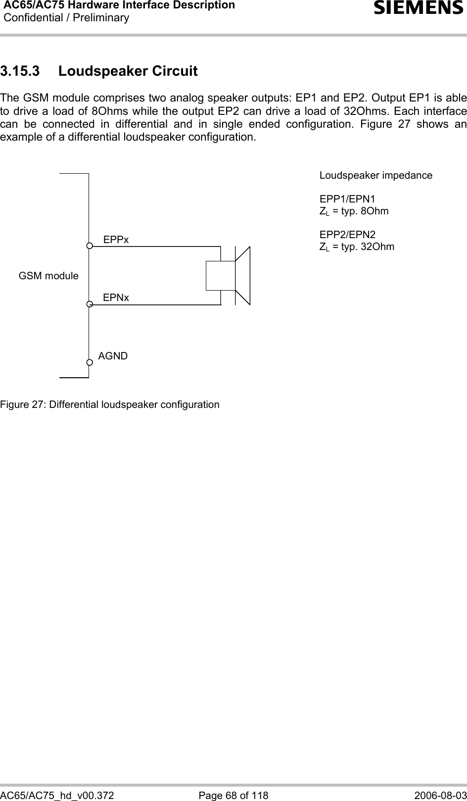AC65/AC75 Hardware Interface Description Confidential / Preliminary   s AC65/AC75_hd_v00.372  Page 68 of 118  2006-08-03 3.15.3 Loudspeaker Circuit The GSM module comprises two analog speaker outputs: EP1 and EP2. Output EP1 is able to drive a load of 8Ohms while the output EP2 can drive a load of 32Ohms. Each interface can be connected in differential and in single ended configuration. Figure 27 shows an example of a differential loudspeaker configuration.   GSM moduleAGNDEPNxEPPx  Figure 27: Differential loudspeaker configuration Loudspeaker impedance  EPP1/EPN1 ZL = typ. 8Ohm  EPP2/EPN2 ZL = typ. 32Ohm     