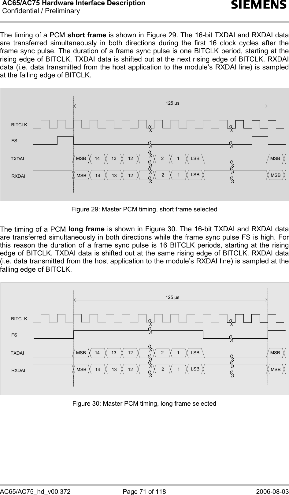 AC65/AC75 Hardware Interface Description Confidential / Preliminary   s AC65/AC75_hd_v00.372  Page 71 of 118  2006-08-03 The timing of a PCM short frame is shown in Figure 29. The 16-bit TXDAI and RXDAI data are transferred simultaneously in both directions during the first 16 clock cycles after the frame sync pulse. The duration of a frame sync pulse is one BITCLK period, starting at the rising edge of BITCLK. TXDAI data is shifted out at the next rising edge of BITCLK. RXDAI data (i.e. data transmitted from the host application to the module’s RXDAI line) is sampled at the falling edge of BITCLK.   BITCLKTXDAIRXDAIFSMSBMSBLSBLSB14 1314 1311121222MSBMSB125 µs Figure 29: Master PCM timing, short frame selected  The timing of a PCM long frame is shown in Figure 30. The 16-bit TXDAI and RXDAI data are transferred simultaneously in both directions while the frame sync pulse FS is high. For this reason the duration of a frame sync pulse is 16 BITCLK periods, starting at the rising edge of BITCLK. TXDAI data is shifted out at the same rising edge of BITCLK. RXDAI data (i.e. data transmitted from the host application to the module’s RXDAI line) is sampled at the falling edge of BITCLK.  BITCLKTXDAIRXDAIFSMSBMSBLSBLSB14 1314 1311121222MSBMSB125 µs Figure 30: Master PCM timing, long frame selected  