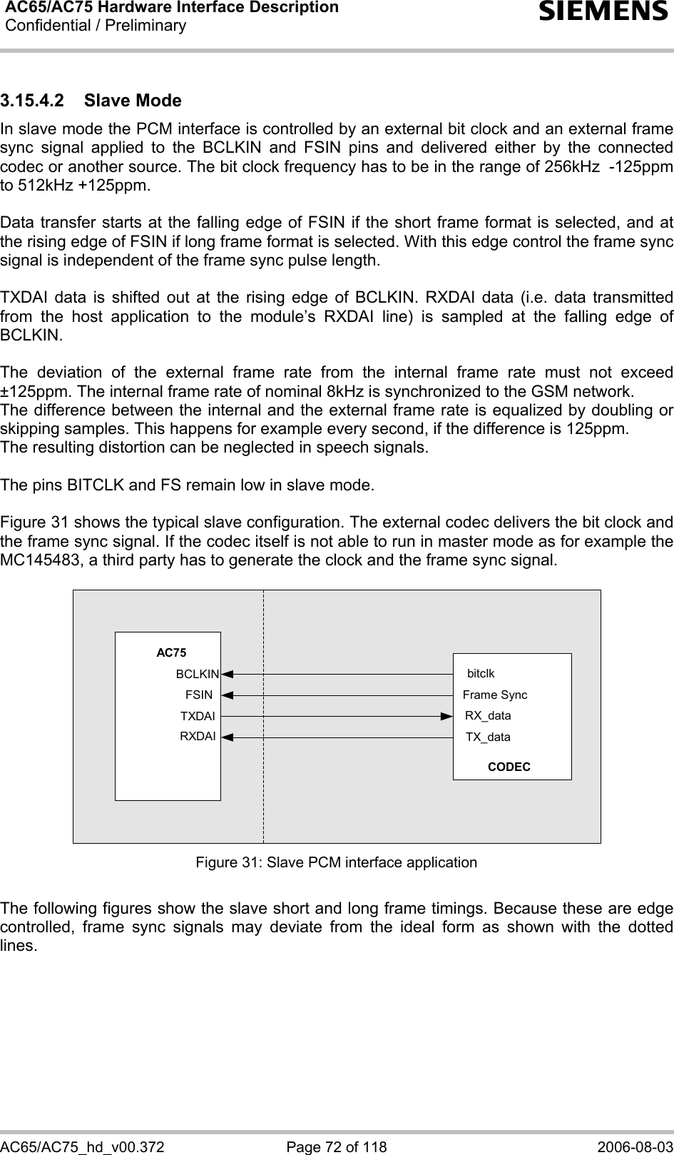 AC65/AC75 Hardware Interface Description Confidential / Preliminary   s AC65/AC75_hd_v00.372  Page 72 of 118  2006-08-03 3.15.4.2 Slave Mode In slave mode the PCM interface is controlled by an external bit clock and an external frame sync signal applied to the BCLKIN and FSIN pins and delivered either by the connected codec or another source. The bit clock frequency has to be in the range of 256kHz  -125ppm to 512kHz +125ppm.  Data transfer starts at the falling edge of FSIN if the short frame format is selected, and at the rising edge of FSIN if long frame format is selected. With this edge control the frame sync signal is independent of the frame sync pulse length.  TXDAI data is shifted out at the rising edge of BCLKIN. RXDAI data (i.e. data transmitted from the host application to the module’s RXDAI line) is sampled at the falling edge of BCLKIN.  The deviation of the external frame rate from the internal frame rate must not exceed ±125ppm. The internal frame rate of nominal 8kHz is synchronized to the GSM network.  The difference between the internal and the external frame rate is equalized by doubling or skipping samples. This happens for example every second, if the difference is 125ppm. The resulting distortion can be neglected in speech signals.  The pins BITCLK and FS remain low in slave mode.  Figure 31 shows the typical slave configuration. The external codec delivers the bit clock and the frame sync signal. If the codec itself is not able to run in master mode as for example the MC145483, a third party has to generate the clock and the frame sync signal.  BCLKINFSINTXDAIRXDAIbitclkFrame SyncTX_dataRX_dataCODECAC75 Figure 31: Slave PCM interface application  The following figures show the slave short and long frame timings. Because these are edge controlled, frame sync signals may deviate from the ideal form as shown with the dotted lines.  