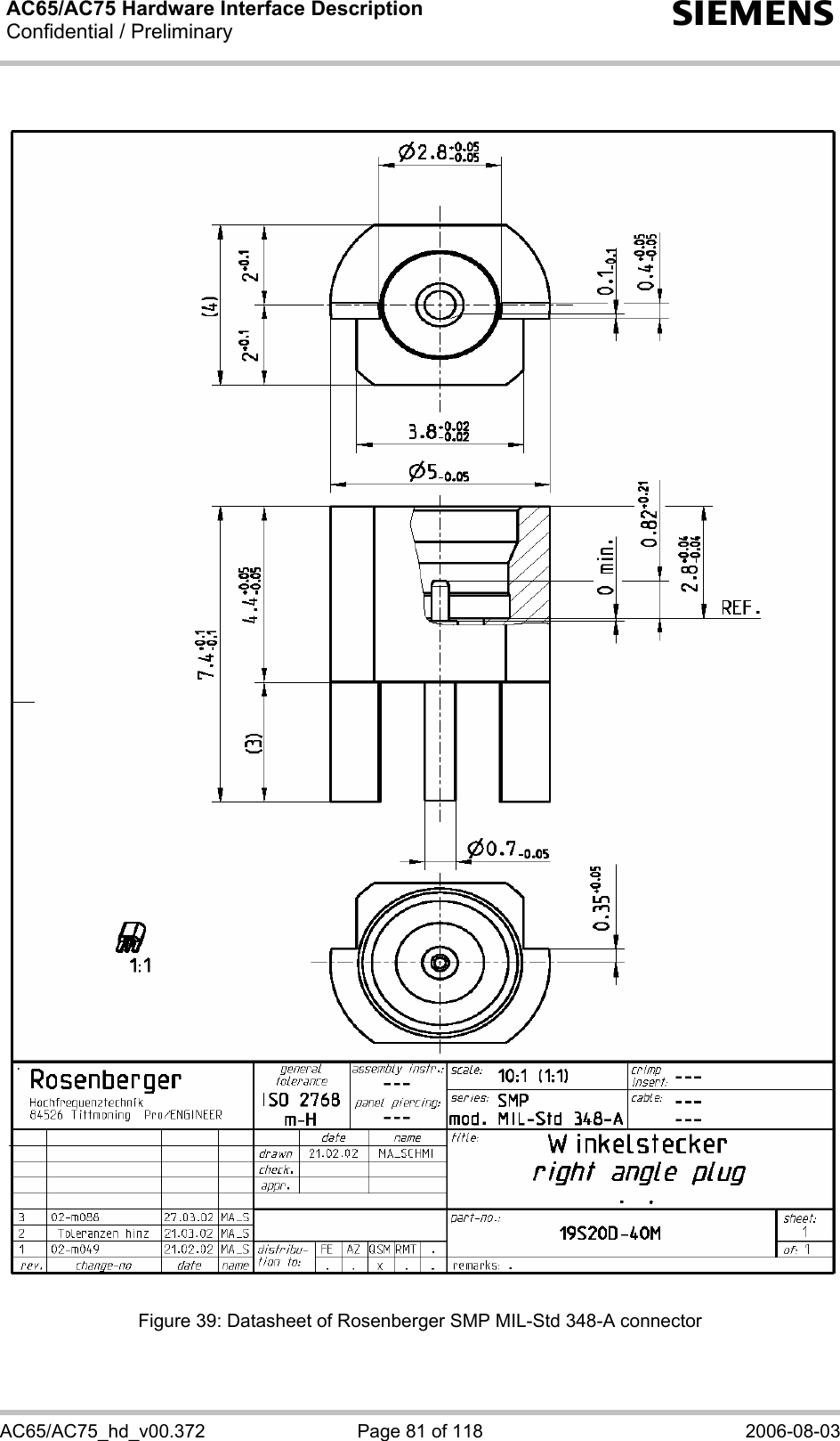 AC65/AC75 Hardware Interface Description Confidential / Preliminary   s AC65/AC75_hd_v00.372  Page 81 of 118  2006-08-03   Figure 39: Datasheet of Rosenberger SMP MIL-Std 348-A connector 