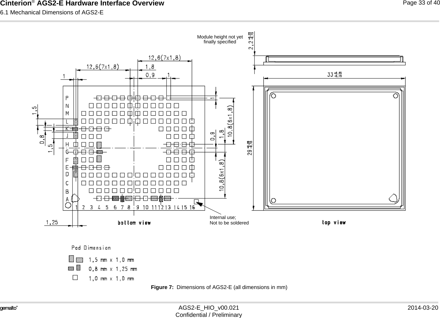 Cinterion® AGS2-E Hardware Interface Overview6.1 Mechanical Dimensions of AGS2-E33AGS2-E_HIO_v00.021 2014-03-20Confidential / PreliminaryPage 33 of 40Figure 7:  Dimensions of AGS2-E (all dimensions in mm)Module height not yetfinally specifiedInternal use;Not to be soldered