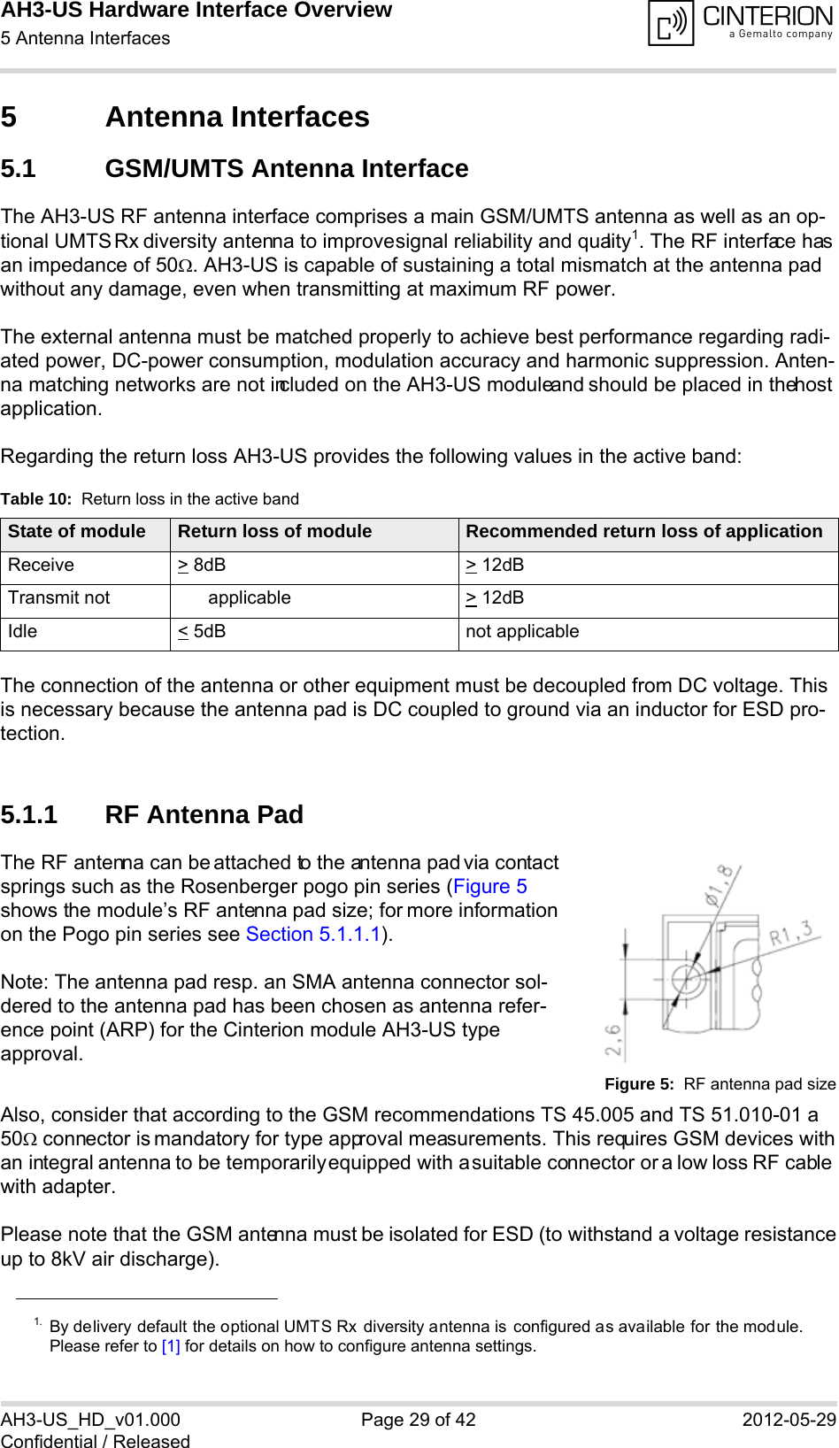 AH3-US Hardware Interface Overview5 Antenna Interfaces32AH3-US_HD_v01.000 Page 29 of 42 2012-05-29Confidential / Released5 Antenna Interfaces5.1 GSM/UMTS Antenna InterfaceThe AH3-US RF antenna interface comprises a main GSM/UMTS antenna as well as an op-tional UMTS Rx diversity antenna to improve signal reliability and quality1. The RF interface has an impedance of 50. AH3-US is capable of sustaining a total mismatch at the antenna pad without any damage, even when transmitting at maximum RF power.The external antenna must be matched properly to achieve best performance regarding radi-ated power, DC-power consumption, modulation accuracy and harmonic suppression. Anten-na matching networks are not included on the AH3-US module and should be placed in the host application. Regarding the return loss AH3-US provides the following values in the active band:The connection of the antenna or other equipment must be decoupled from DC voltage. This is necessary because the antenna pad is DC coupled to ground via an inductor for ESD pro-tection.5.1.1 RF Antenna PadThe RF antenna can be attached to the antenna pad via contact springs such as the Rosenberger pogo pin series (Figure 5 shows the module’s RF antenna pad size; for more information on the Pogo pin series see Section 5.1.1.1). Note: The antenna pad resp. an SMA antenna connector sol-dered to the antenna pad has been chosen as antenna refer-ence point (ARP) for the Cinterion module AH3-US type approval.Figure 5:  RF antenna pad sizeAlso, consider that according to the GSM recommendations TS 45.005 and TS 51.010-01 a 50 connector is mandatory for type approval measurements. This requires GSM devices with an integral antenna to be temporarily equipped with a suitable connector or a low loss RF cable with adapter.Please note that the GSM antenna must be isolated for ESD (to withstand a voltage resistanceup to 8kV air discharge).1. By delivery default the optional UMTS Rx diversity antenna is configured as available for the module.Please refer to [1] for details on how to configure antenna settings.Table 10:  Return loss in the active bandState of module Return loss of module Recommended return loss of applicationReceive &gt; 8dB &gt; 12dBTransmit not applicable  &gt; 12dBIdle &lt; 5dB not applicable