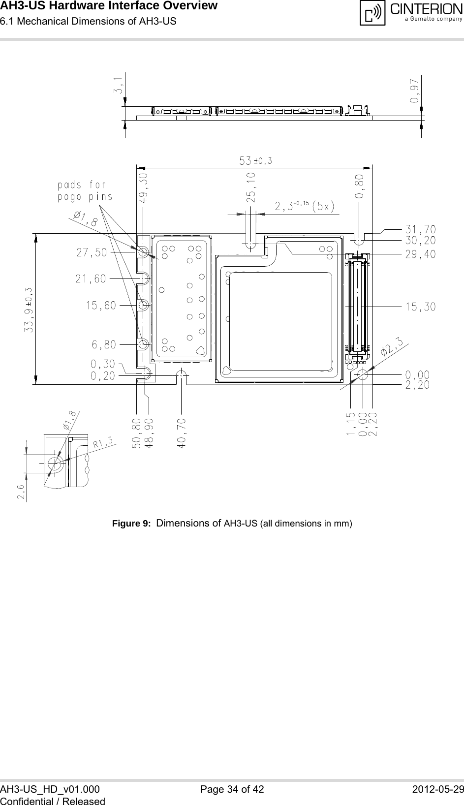 AH3-US Hardware Interface Overview6.1 Mechanical Dimensions of AH3-US38AH3-US_HD_v01.000 Page 34 of 42 2012-05-29Confidential / ReleasedFigure 9:  Dimensions of AH3-US (all dimensions in mm)