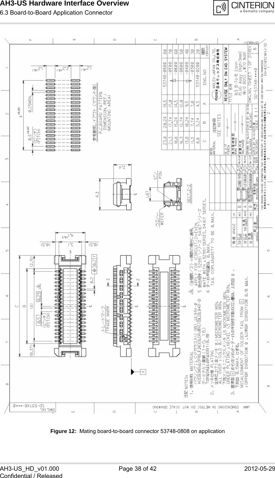 AH3-US Hardware Interface Overview6.3 Board-to-Board Application Connector38AH3-US_HD_v01.000 Page 38 of 42 2012-05-29Confidential / ReleasedFigure 12:  Mating board-to-board connector 53748-0808 on application