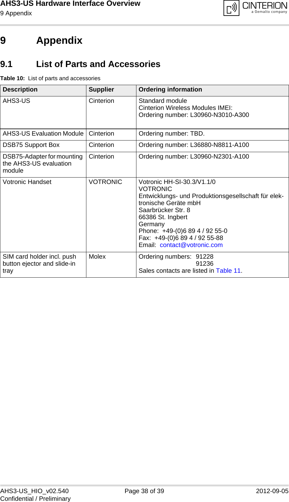 AHS3-US Hardware Interface Overview9 Appendix39AHS3-US_HIO_v02.540 Page 38 of 39 2012-09-05Confidential / Preliminary9 Appendix9.1 List of Parts and AccessoriesTable 10:  List of parts and accessoriesDescription Supplier Ordering informationAHS3-US Cinterion Standard module Cinterion Wireless Modules IMEI:Ordering number: L30960-N3010-A300AHS3-US Evaluation Module Cinterion Ordering number: TBD.DSB75 Support Box Cinterion Ordering number: L36880-N8811-A100DSB75-Adapter for mounting the AHS3-US evaluation moduleCinterion Ordering number: L30960-N2301-A100Votronic Handset VOTRONIC Votronic HH-SI-30.3/V1.1/0VOTRONIC Entwicklungs- und Produktionsgesellschaft für elek-tronische Geräte mbHSaarbrücker Str. 866386 St. IngbertGermanyPhone:  +49-(0)6 89 4 / 92 55-0Fax:  +49-(0)6 89 4 / 92 55-88Email:  contact@votronic.comSIM card holder incl. push button ejector and slide-in trayMolex Ordering numbers:  91228 91236Sales contacts are listed in Table 11.