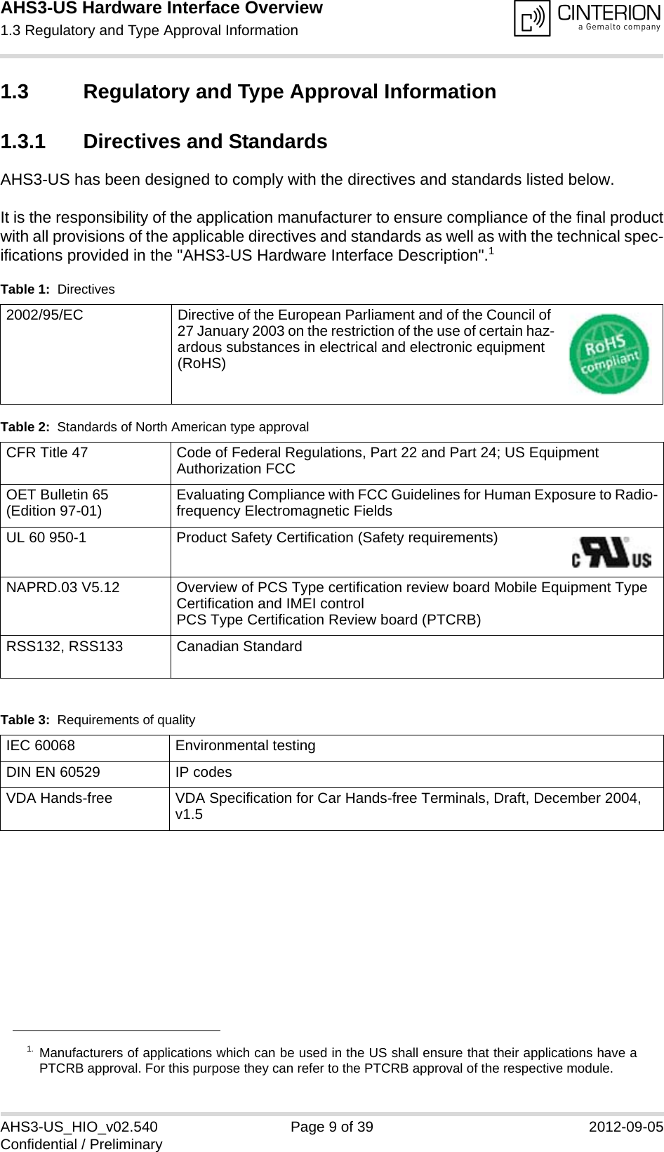 AHS3-US Hardware Interface Overview1.3 Regulatory and Type Approval Information13AHS3-US_HIO_v02.540 Page 9 of 39 2012-09-05Confidential / Preliminary1.3 Regulatory and Type Approval Information1.3.1 Directives and StandardsAHS3-US has been designed to comply with the directives and standards listed below.It is the responsibility of the application manufacturer to ensure compliance of the final productwith all provisions of the applicable directives and standards as well as with the technical spec-ifications provided in the &quot;AHS3-US Hardware Interface Description&quot;.11. Manufacturers of applications which can be used in the US shall ensure that their applications have aPTCRB approval. For this purpose they can refer to the PTCRB approval of the respective module. Table 1:  Directives2002/95/EC  Directive of the European Parliament and of the Council of 27 January 2003 on the restriction of the use of certain haz-ardous substances in electrical and electronic equipment (RoHS)Table 2:  Standards of North American type approvalCFR Title 47 Code of Federal Regulations, Part 22 and Part 24; US Equipment Authorization FCCOET Bulletin 65(Edition 97-01) Evaluating Compliance with FCC Guidelines for Human Exposure to Radio-frequency Electromagnetic FieldsUL 60 950-1 Product Safety Certification (Safety requirements) NAPRD.03 V5.12 Overview of PCS Type certification review board Mobile Equipment Type Certification and IMEI controlPCS Type Certification Review board (PTCRB)RSS132, RSS133  Canadian StandardTable 3:  Requirements of qualityIEC 60068 Environmental testingDIN EN 60529 IP codesVDA Hands-free  VDA Specification for Car Hands-free Terminals, Draft, December 2004, v1.5