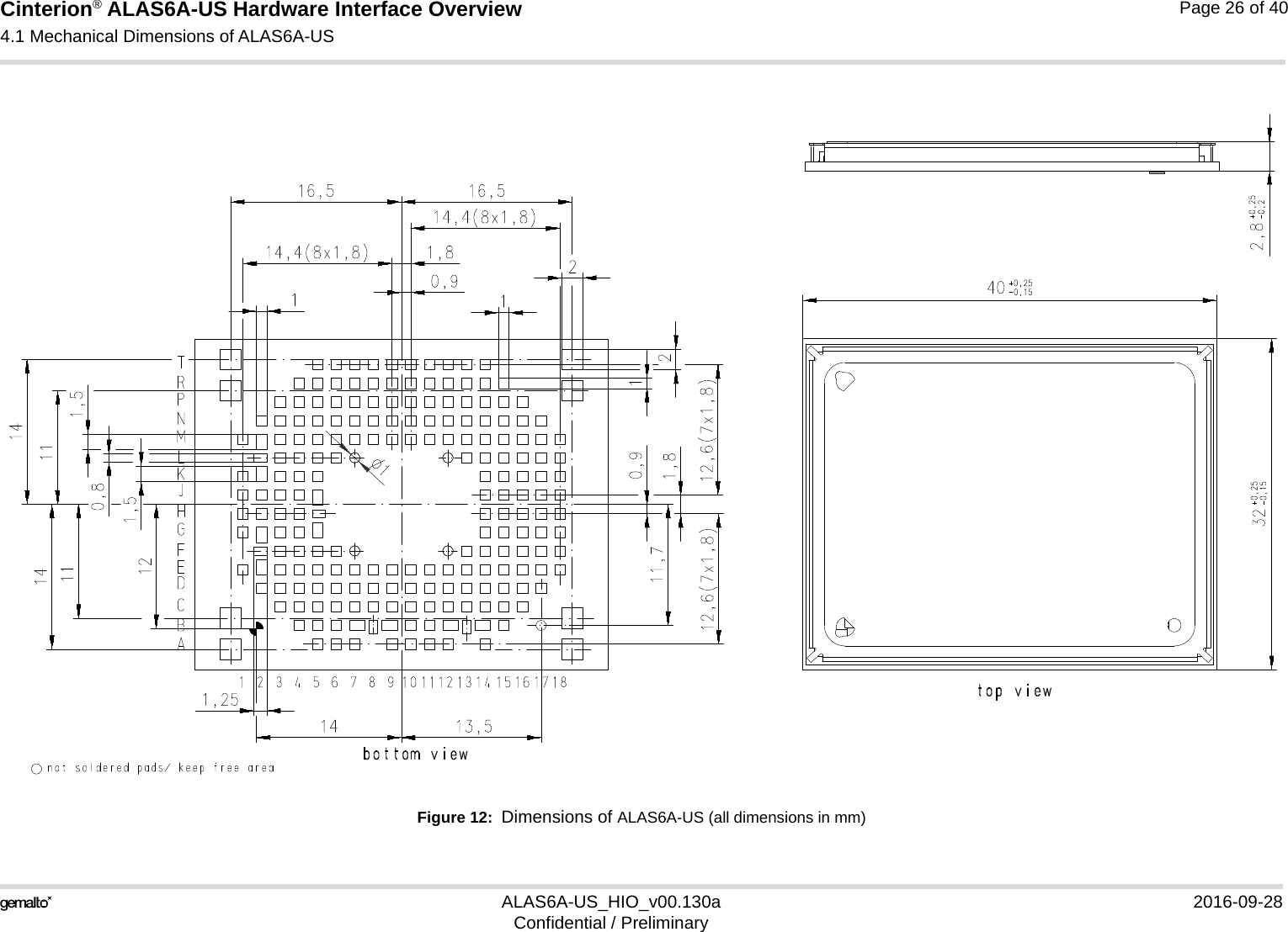 Cinterion® ALAS6A-US Hardware Interface Overview4.1 Mechanical Dimensions of ALAS6A-US26ALAS6A-US_HIO_v00.130a 2016-09-28Confidential / PreliminaryPage 26 of 40Figure 12:  Dimensions of ALAS6A-US (all dimensions in mm)