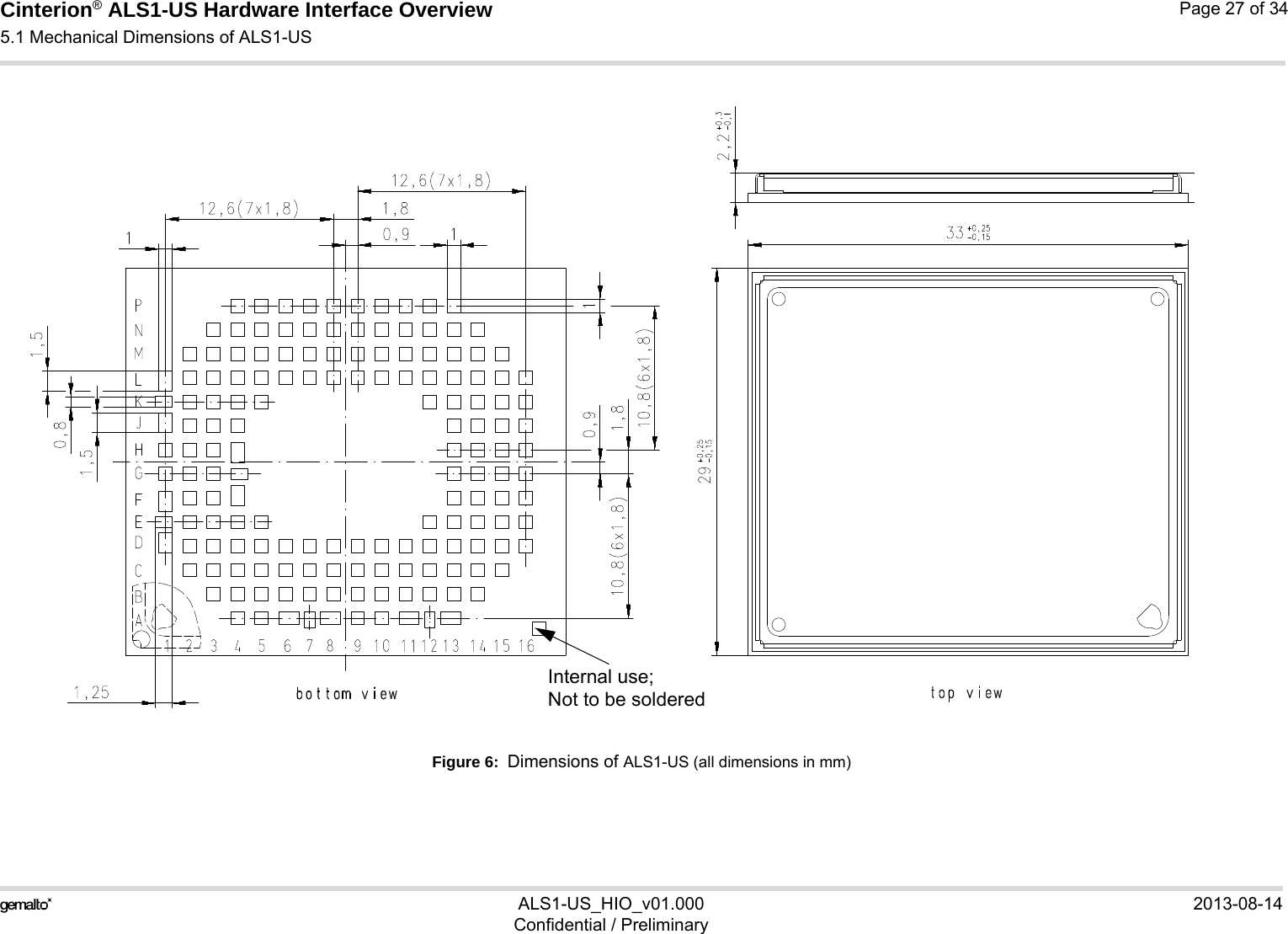 Cinterion® ALS1-US Hardware Interface Overview5.1 Mechanical Dimensions of ALS1-US27ALS1-US_HIO_v01.000 2013-08-14Confidential / PreliminaryPage 27 of 34Figure 6:  Dimensions of ALS1-US (all dimensions in mm)Internal use; Not to be soldered