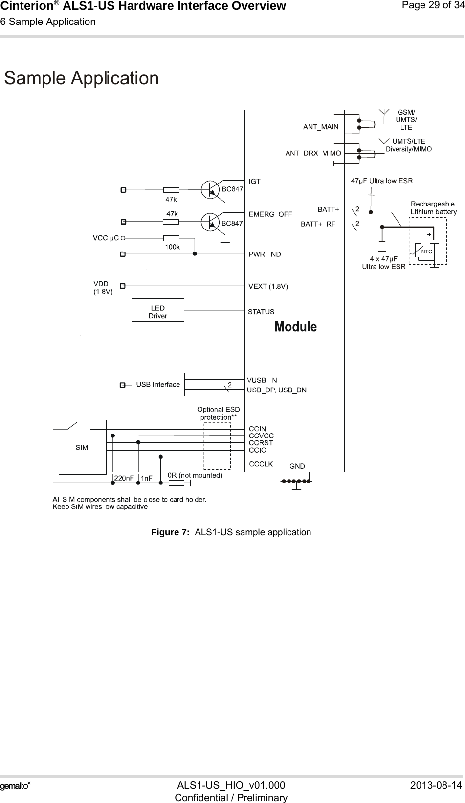 Cinterion® ALS1-US Hardware Interface Overview6 Sample Application29ALS1-US_HIO_v01.000 2013-08-14Confidential / PreliminaryPage 29 of 34Figure 7:  ALS1-US sample applicationSample Application 