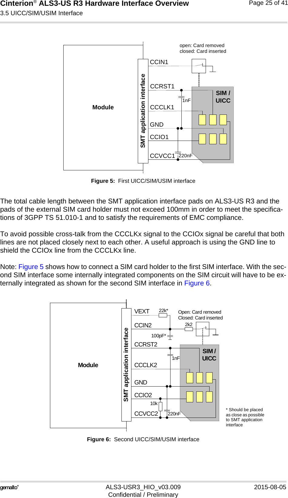 Cinterion® ALS3-US R3 Hardware Interface Overview3.5 UICC/SIM/USIM Interface27ALS3-USR3_HIO_v03.009 2015-08-05Confidential / PreliminaryPage 25 of 41Figure 5:  First UICC/SIM/USIM interfaceThe total cable length between the SMT application interface pads on ALS3-US R3 and the pads of the external SIM card holder must not exceed 100mm in order to meet the specifica-tions of 3GPP TS 51.010-1 and to satisfy the requirements of EMC compliance.To avoid possible cross-talk from the CCCLKx signal to the CCIOx signal be careful that both lines are not placed closely next to each other. A useful approach is using the GND line to shield the CCIOx line from the CCCLKx line.Note: Figure 5 shows how to connect a SIM card holder to the first SIM interface. With the sec-ond SIM interface some internally integrated components on the SIM circuit will have to be ex-ternally integrated as shown for the second SIM interface in Figure 6.Figure 6:  Second UICC/SIM/USIM interfaceModuleopen: Card removedclosed: Card insertedCCRST1CCVCC1CCIO1CCCLK1CCIN1SIM /UICC1nF220nFSMT application interfaceGNDModuleOpen: Card removedClosed: Card insertedCCRST2CCVCC2CCIO2CCCLK2CCIN2SIM /UICC1nF220nFSMT application interfaceGND2k2100pF*VEXT 22k*10k* Should be placed as close as possible to SMT application interface