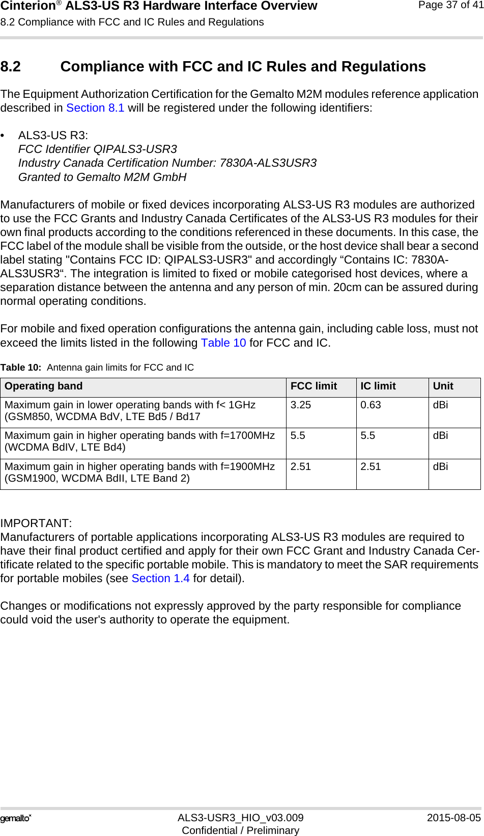 Cinterion® ALS3-US R3 Hardware Interface Overview8.2 Compliance with FCC and IC Rules and Regulations38ALS3-USR3_HIO_v03.009 2015-08-05Confidential / PreliminaryPage 37 of 418.2 Compliance with FCC and IC Rules and Regulations The Equipment Authorization Certification for the Gemalto M2M modules reference application described in Section 8.1 will be registered under the following identifiers:•ALS3-US R3:FCC Identifier QIPALS3-USR3Industry Canada Certification Number: 7830A-ALS3USR3Granted to Gemalto M2M GmbH Manufacturers of mobile or fixed devices incorporating ALS3-US R3 modules are authorized to use the FCC Grants and Industry Canada Certificates of the ALS3-US R3 modules for their own final products according to the conditions referenced in these documents. In this case, the FCC label of the module shall be visible from the outside, or the host device shall bear a second label stating &quot;Contains FCC ID: QIPALS3-USR3&quot; and accordingly “Contains IC: 7830A-ALS3USR3“. The integration is limited to fixed or mobile categorised host devices, where a separation distance between the antenna and any person of min. 20cm can be assured during normal operating conditions. For mobile and fixed operation configurations the antenna gain, including cable loss, must not exceed the limits listed in the following Table 10 for FCC and IC.IMPORTANT:Manufacturers of portable applications incorporating ALS3-US R3 modules are required to have their final product certified and apply for their own FCC Grant and Industry Canada Cer-tificate related to the specific portable mobile. This is mandatory to meet the SAR requirements for portable mobiles (see Section 1.4 for detail).Changes or modifications not expressly approved by the party responsible for compliance could void the user&apos;s authority to operate the equipment.Table 10:  Antenna gain limits for FCC and ICOperating band FCC limit IC limit UnitMaximum gain in lower operating bands with f&lt; 1GHz(GSM850, WCDMA BdV, LTE Bd5 / Bd17 3.25 0.63 dBiMaximum gain in higher operating bands with f=1700MHz(WCDMA BdIV, LTE Bd4) 5.5 5.5 dBiMaximum gain in higher operating bands with f=1900MHz(GSM1900, WCDMA BdII, LTE Band 2) 2.51 2.51 dBi