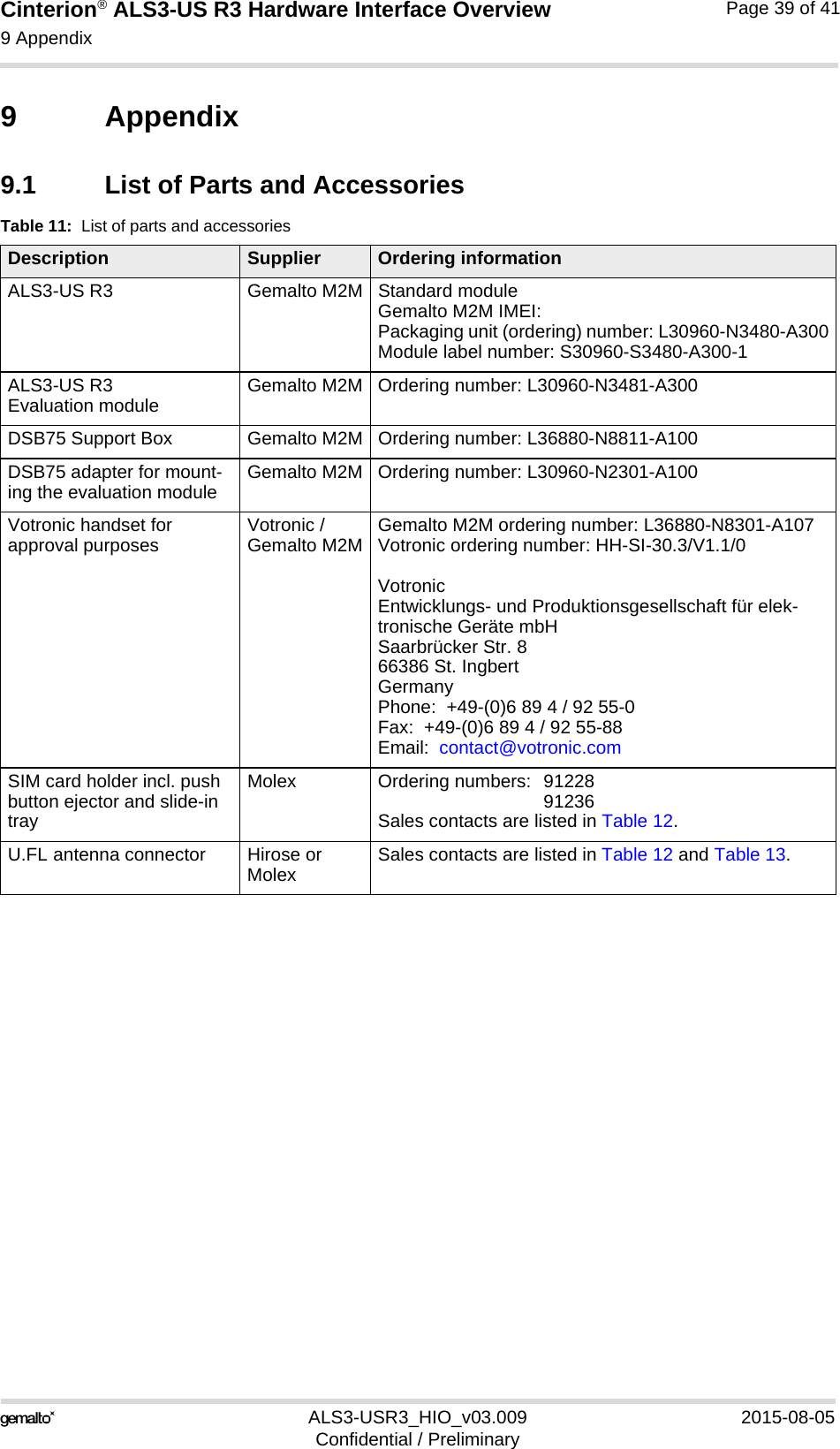 Cinterion® ALS3-US R3 Hardware Interface Overview9 Appendix40ALS3-USR3_HIO_v03.009 2015-08-05Confidential / PreliminaryPage 39 of 419 Appendix9.1 List of Parts and AccessoriesTable 11:  List of parts and accessoriesDescription Supplier Ordering informationALS3-US R3 Gemalto M2M Standard module Gemalto M2M IMEI:Packaging unit (ordering) number: L30960-N3480-A300Module label number: S30960-S3480-A300-1ALS3-US R3 Evaluation module Gemalto M2M Ordering number: L30960-N3481-A300DSB75 Support Box Gemalto M2M Ordering number: L36880-N8811-A100DSB75 adapter for mount-ing the evaluation module Gemalto M2M Ordering number: L30960-N2301-A100Votronic handset for approval purposes Votronic / Gemalto M2M Gemalto M2M ordering number: L36880-N8301-A107Votronic ordering number: HH-SI-30.3/V1.1/0Votronic Entwicklungs- und Produktionsgesellschaft für elek-tronische Geräte mbHSaarbrücker Str. 866386 St. IngbertGermanyPhone:  +49-(0)6 89 4 / 92 55-0Fax:  +49-(0)6 89 4 / 92 55-88Email:  contact@votronic.comSIM card holder incl. push button ejector and slide-in trayMolex Ordering numbers:  91228 91236Sales contacts are listed in Table 12.U.FL antenna connector Hirose or Molex Sales contacts are listed in Table 12 and Table 13.