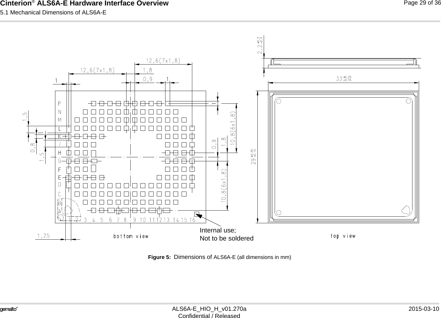 Cinterion® ALS6A-E Hardware Interface Overview5.1 Mechanical Dimensions of ALS6A-E29ALS6A-E_HIO_H_v01.270a 2015-03-10Confidential / ReleasedPage 29 of 36Figure 5:  Dimensions of ALS6A-E (all dimensions in mm)Internal use; Not to be soldered