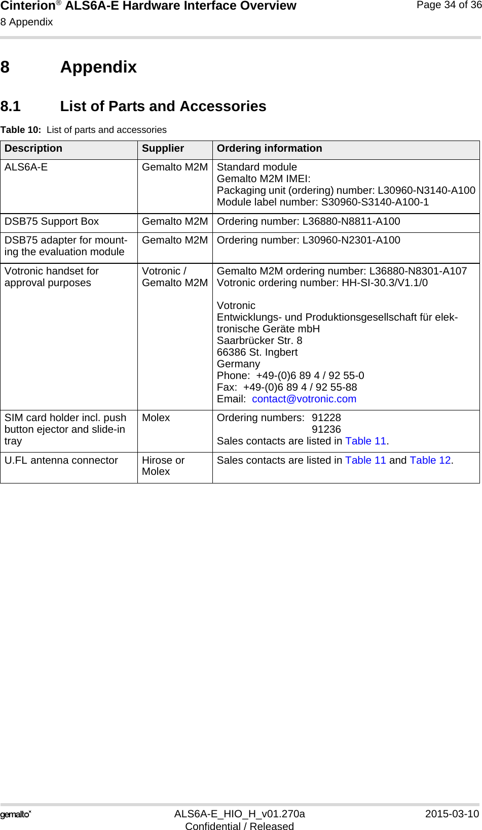 Cinterion® ALS6A-E Hardware Interface Overview8 Appendix35ALS6A-E_HIO_H_v01.270a 2015-03-10Confidential / ReleasedPage 34 of 368 Appendix8.1 List of Parts and AccessoriesTable 10:  List of parts and accessoriesDescription Supplier Ordering informationALS6A-E Gemalto M2M Standard module Gemalto M2M IMEI:Packaging unit (ordering) number: L30960-N3140-A100Module label number: S30960-S3140-A100-1DSB75 Support Box Gemalto M2M Ordering number: L36880-N8811-A100DSB75 adapter for mount-ing the evaluation module Gemalto M2M Ordering number: L30960-N2301-A100Votronic handset for approval purposes Votronic / Gemalto M2M Gemalto M2M ordering number: L36880-N8301-A107Votronic ordering number: HH-SI-30.3/V1.1/0Votronic Entwicklungs- und Produktionsgesellschaft für elek-tronische Geräte mbHSaarbrücker Str. 866386 St. IngbertGermanyPhone:  +49-(0)6 89 4 / 92 55-0Fax:  +49-(0)6 89 4 / 92 55-88Email:  contact@votronic.comSIM card holder incl. push button ejector and slide-in trayMolex Ordering numbers:  91228 91236Sales contacts are listed in Table 11.U.FL antenna connector Hirose or Molex Sales contacts are listed in Table 11 and Table 12.