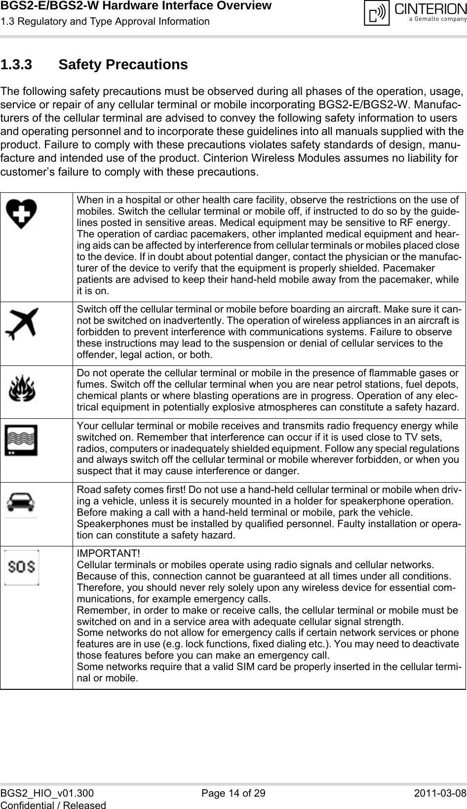 BGS2-E/BGS2-W Hardware Interface Overview1.3 Regulatory and Type Approval Information14BGS2_HIO_v01.300 Page 14 of 29 2011-03-08Confidential / Released1.3.3 Safety PrecautionsThe following safety precautions must be observed during all phases of the operation, usage, service or repair of any cellular terminal or mobile incorporating BGS2-E/BGS2-W. Manufac-turers of the cellular terminal are advised to convey the following safety information to users and operating personnel and to incorporate these guidelines into all manuals supplied with the product. Failure to comply with these precautions violates safety standards of design, manu-facture and intended use of the product. Cinterion Wireless Modules assumes no liability for customer’s failure to comply with these precautions.When in a hospital or other health care facility, observe the restrictions on the use of mobiles. Switch the cellular terminal or mobile off, if instructed to do so by the guide-lines posted in sensitive areas. Medical equipment may be sensitive to RF energy. The operation of cardiac pacemakers, other implanted medical equipment and hear-ing aids can be affected by interference from cellular terminals or mobiles placed close to the device. If in doubt about potential danger, contact the physician or the manufac-turer of the device to verify that the equipment is properly shielded. Pacemaker patients are advised to keep their hand-held mobile away from the pacemaker, while it is on. Switch off the cellular terminal or mobile before boarding an aircraft. Make sure it can-not be switched on inadvertently. The operation of wireless appliances in an aircraft is forbidden to prevent interference with communications systems. Failure to observe these instructions may lead to the suspension or denial of cellular services to the offender, legal action, or both.Do not operate the cellular terminal or mobile in the presence of flammable gases or fumes. Switch off the cellular terminal when you are near petrol stations, fuel depots, chemical plants or where blasting operations are in progress. Operation of any elec-trical equipment in potentially explosive atmospheres can constitute a safety hazard.Your cellular terminal or mobile receives and transmits radio frequency energy while switched on. Remember that interference can occur if it is used close to TV sets, radios, computers or inadequately shielded equipment. Follow any special regulations and always switch off the cellular terminal or mobile wherever forbidden, or when you suspect that it may cause interference or danger.Road safety comes first! Do not use a hand-held cellular terminal or mobile when driv-ing a vehicle, unless it is securely mounted in a holder for speakerphone operation. Before making a call with a hand-held terminal or mobile, park the vehicle. Speakerphones must be installed by qualified personnel. Faulty installation or opera-tion can constitute a safety hazard.IMPORTANT!Cellular terminals or mobiles operate using radio signals and cellular networks. Because of this, connection cannot be guaranteed at all times under all conditions. Therefore, you should never rely solely upon any wireless device for essential com-munications, for example emergency calls. Remember, in order to make or receive calls, the cellular terminal or mobile must be switched on and in a service area with adequate cellular signal strength. Some networks do not allow for emergency calls if certain network services or phone features are in use (e.g. lock functions, fixed dialing etc.). You may need to deactivate those features before you can make an emergency call.Some networks require that a valid SIM card be properly inserted in the cellular termi-nal or mobile.
