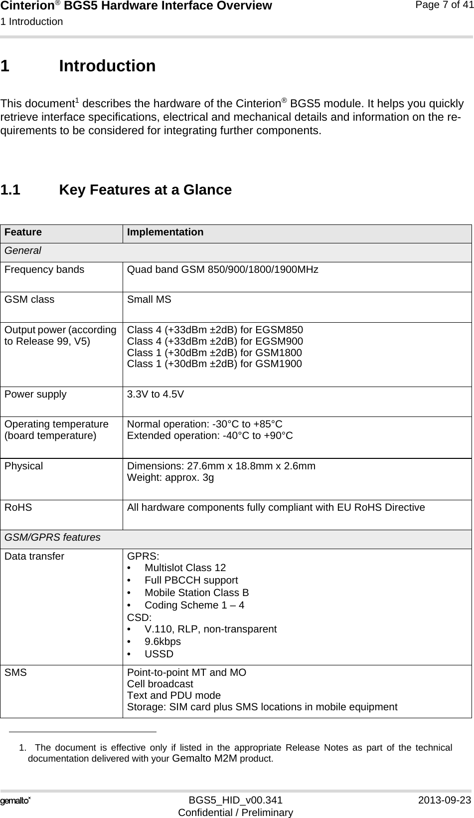 Cinterion® BGS5 Hardware Interface Overview1 Introduction10BGS5_HID_v00.341 2013-09-23Confidential / PreliminaryPage 7 of 411 IntroductionThis document1 describes the hardware of the Cinterion® BGS5 module. It helps you quickly retrieve interface specifications, electrical and mechanical details and information on the re-quirements to be considered for integrating further components.1.1 Key Features at a Glance1.  The document is effective only if listed in the appropriate Release Notes as part of the technicaldocumentation delivered with your Gemalto M2M product.Feature ImplementationGeneralFrequency bands Quad band GSM 850/900/1800/1900MHzGSM class Small MSOutput power (according to Release 99, V5) Class 4 (+33dBm ±2dB) for EGSM850Class 4 (+33dBm ±2dB) for EGSM900Class 1 (+30dBm ±2dB) for GSM1800Class 1 (+30dBm ±2dB) for GSM1900Power supply 3.3V to 4.5VOperating temperature (board temperature) Normal operation: -30°C to +85°CExtended operation: -40°C to +90°CPhysical Dimensions: 27.6mm x 18.8mm x 2.6mmWeight: approx. 3gRoHS All hardware components fully compliant with EU RoHS DirectiveGSM/GPRS featuresData transfer GPRS:• Multislot Class 12• Full PBCCH support• Mobile Station Class B• Coding Scheme 1 – 4CSD:• V.110, RLP, non-transparent•9.6kbps•USSDSMS Point-to-point MT and MOCell broadcastText and PDU modeStorage: SIM card plus SMS locations in mobile equipment