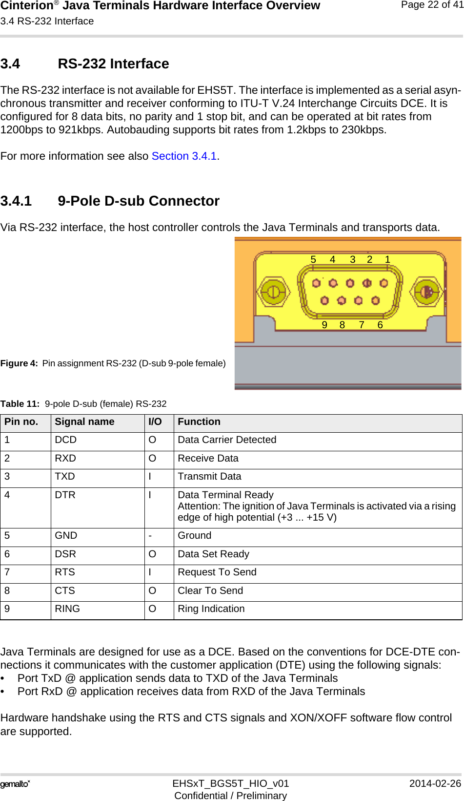 Cinterion® Java Terminals Hardware Interface Overview3.4 RS-232 Interface32EHSxT_BGS5T_HIO_v01 2014-02-26Confidential / PreliminaryPage 22 of 413.4 RS-232 InterfaceThe RS-232 interface is not available for EHS5T. The interface is implemented as a serial asyn-chronous transmitter and receiver conforming to ITU-T V.24 Interchange Circuits DCE. It is configured for 8 data bits, no parity and 1 stop bit, and can be operated at bit rates from 1200bps to 921kbps. Autobauding supports bit rates from 1.2kbps to 230kbps.For more information see also Section 3.4.1.3.4.1 9-Pole D-sub ConnectorVia RS-232 interface, the host controller controls the Java Terminals and transports data.Figure 4:  Pin assignment RS-232 (D-sub 9-pole female)Java Terminals are designed for use as a DCE. Based on the conventions for DCE-DTE con-nections it communicates with the customer application (DTE) using the following signals:• Port TxD @ application sends data to TXD of the Java Terminals• Port RxD @ application receives data from RXD of the Java TerminalsHardware handshake using the RTS and CTS signals and XON/XOFF software flow control are supported.Table 11:  9-pole D-sub (female) RS-232Pin no. Signal name I/O Function1 DCD O Data Carrier Detected2RXD OReceive Data3 TXD I Transmit Data4 DTR I Data Terminal Ready Attention: The ignition of Java Terminals is activated via a rising edge of high potential (+3 ... +15 V) 5 GND - Ground6 DSR O Data Set Ready7 RTS I Request To Send8 CTS O Clear To Send9 RING O Ring Indication123456789