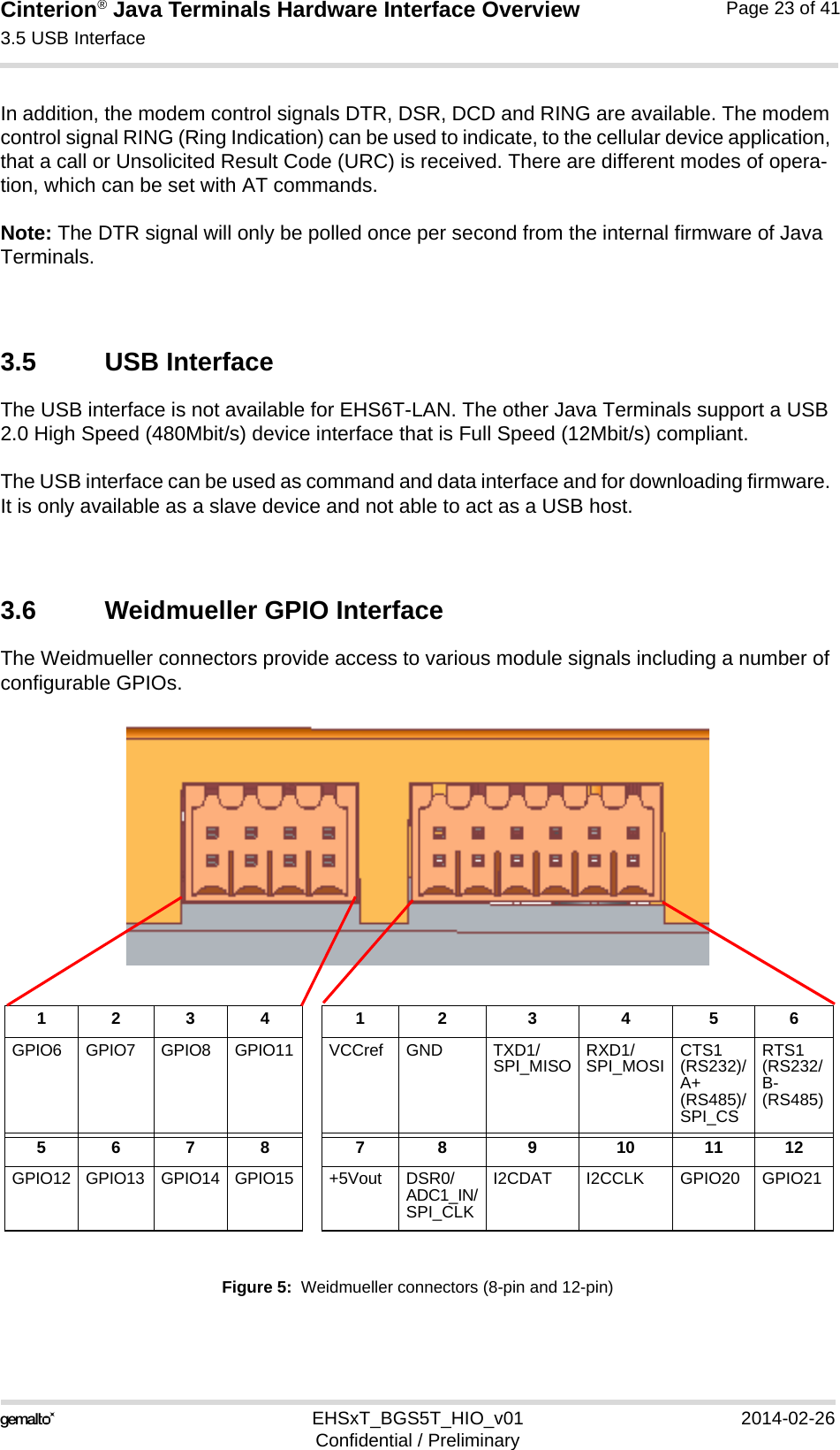 Cinterion® Java Terminals Hardware Interface Overview3.5 USB Interface32EHSxT_BGS5T_HIO_v01 2014-02-26Confidential / PreliminaryPage 23 of 41In addition, the modem control signals DTR, DSR, DCD and RING are available. The modem control signal RING (Ring Indication) can be used to indicate, to the cellular device application, that a call or Unsolicited Result Code (URC) is received. There are different modes of opera-tion, which can be set with AT commands.Note: The DTR signal will only be polled once per second from the internal firmware of Java Terminals.3.5 USB InterfaceThe USB interface is not available for EHS6T-LAN. The other Java Terminals support a USB 2.0 High Speed (480Mbit/s) device interface that is Full Speed (12Mbit/s) compliant. The USB interface can be used as command and data interface and for downloading firmware. It is only available as a slave device and not able to act as a USB host. 3.6 Weidmueller GPIO InterfaceThe Weidmueller connectors provide access to various module signals including a number of configurable GPIOs.Figure 5:  Weidmueller connectors (8-pin and 12-pin)1234 1 2 3 4 5 6GPIO6 GPIO7 GPIO8 GPIO11 VCCref GND TXD1/SPI_MISO RXD1/SPI_MOSI CTS1(RS232)/A+(RS485)/SPI_CSRTS1(RS232/B-(RS485)5678 7 8 9 10 1112GPIO12 GPIO13 GPIO14 GPIO15 +5Vout DSR0/ADC1_IN/SPI_CLKI2CDAT I2CCLK GPIO20 GPIO21