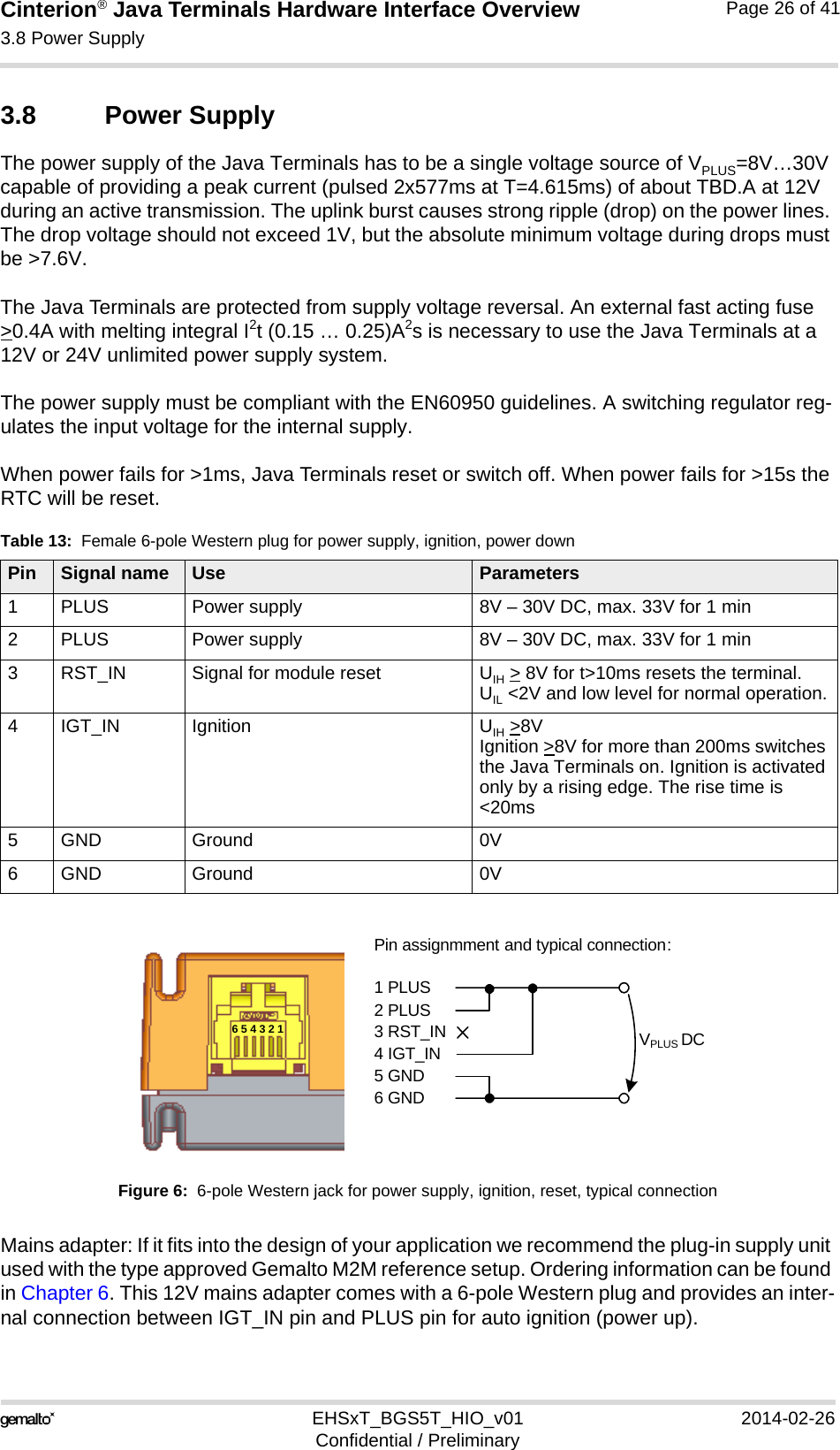 Cinterion® Java Terminals Hardware Interface Overview3.8 Power Supply32EHSxT_BGS5T_HIO_v01 2014-02-26Confidential / PreliminaryPage 26 of 413.8 Power SupplyThe power supply of the Java Terminals has to be a single voltage source of VPLUS=8V…30V capable of providing a peak current (pulsed 2x577ms at T=4.615ms) of about TBD.A at 12V during an active transmission. The uplink burst causes strong ripple (drop) on the power lines. The drop voltage should not exceed 1V, but the absolute minimum voltage during drops must be &gt;7.6V. The Java Terminals are protected from supply voltage reversal. An external fast acting fuse &gt;0.4A with melting integral I2t (0.15 … 0.25)A2s is necessary to use the Java Terminals at a 12V or 24V unlimited power supply system.The power supply must be compliant with the EN60950 guidelines. A switching regulator reg-ulates the input voltage for the internal supply.When power fails for &gt;1ms, Java Terminals reset or switch off. When power fails for &gt;15s the RTC will be reset.Figure 6:  6-pole Western jack for power supply, ignition, reset, typical connectionMains adapter: If it fits into the design of your application we recommend the plug-in supply unit used with the type approved Gemalto M2M reference setup. Ordering information can be found in Chapter 6. This 12V mains adapter comes with a 6-pole Western plug and provides an inter-nal connection between IGT_IN pin and PLUS pin for auto ignition (power up).Table 13:  Female 6-pole Western plug for power supply, ignition, power downPin Signal name Use Parameters1 PLUS Power supply 8V – 30V DC, max. 33V for 1 min2 PLUS Power supply 8V – 30V DC, max. 33V for 1 min3 RST_IN Signal for module reset UIH &gt; 8V for t&gt;10ms resets the terminal.UIL &lt;2V and low level for normal operation.4 IGT_IN Ignition UIH &gt;8VIgnition &gt;8V for more than 200ms switches the Java Terminals on. Ignition is activated only by a rising edge. The rise time is &lt;20ms5 GND Ground 0V6 GND Ground 0VPin assignmment and typical connection:1 PLUS2 PLUS3 RST_IN4 IGT_IN5 GND6 GNDVPLUS DC6 5 4 3 2 1