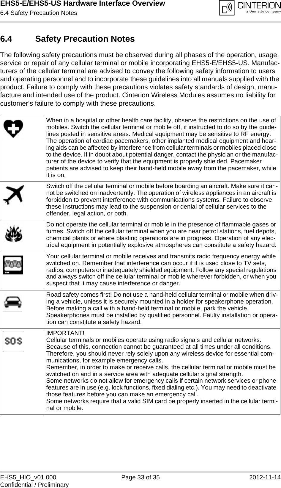 EHS5-E/EHS5-US Hardware Interface Overview6.4 Safety Precaution Notes33EHS5_HIO_v01.000 Page 33 of 35 2012-11-14Confidential / Preliminary6.4 Safety Precaution NotesThe following safety precautions must be observed during all phases of the operation, usage, service or repair of any cellular terminal or mobile incorporating EHS5-E/EHS5-US. Manufac-turers of the cellular terminal are advised to convey the following safety information to users and operating personnel and to incorporate these guidelines into all manuals supplied with the product. Failure to comply with these precautions violates safety standards of design, manu-facture and intended use of the product. Cinterion Wireless Modules assumes no liability for customer’s failure to comply with these precautions.When in a hospital or other health care facility, observe the restrictions on the use of mobiles. Switch the cellular terminal or mobile off, if instructed to do so by the guide-lines posted in sensitive areas. Medical equipment may be sensitive to RF energy. The operation of cardiac pacemakers, other implanted medical equipment and hear-ing aids can be affected by interference from cellular terminals or mobiles placed close to the device. If in doubt about potential danger, contact the physician or the manufac-turer of the device to verify that the equipment is properly shielded. Pacemaker patients are advised to keep their hand-held mobile away from the pacemaker, while it is on. Switch off the cellular terminal or mobile before boarding an aircraft. Make sure it can-not be switched on inadvertently. The operation of wireless appliances in an aircraft is forbidden to prevent interference with communications systems. Failure to observe these instructions may lead to the suspension or denial of cellular services to the offender, legal action, or both.Do not operate the cellular terminal or mobile in the presence of flammable gases or fumes. Switch off the cellular terminal when you are near petrol stations, fuel depots, chemical plants or where blasting operations are in progress. Operation of any elec-trical equipment in potentially explosive atmospheres can constitute a safety hazard.Your cellular terminal or mobile receives and transmits radio frequency energy while switched on. Remember that interference can occur if it is used close to TV sets, radios, computers or inadequately shielded equipment. Follow any special regulations and always switch off the cellular terminal or mobile wherever forbidden, or when you suspect that it may cause interference or danger.Road safety comes first! Do not use a hand-held cellular terminal or mobile when driv-ing a vehicle, unless it is securely mounted in a holder for speakerphone operation. Before making a call with a hand-held terminal or mobile, park the vehicle. Speakerphones must be installed by qualified personnel. Faulty installation or opera-tion can constitute a safety hazard.IMPORTANT!Cellular terminals or mobiles operate using radio signals and cellular networks. Because of this, connection cannot be guaranteed at all times under all conditions. Therefore, you should never rely solely upon any wireless device for essential com-munications, for example emergency calls. Remember, in order to make or receive calls, the cellular terminal or mobile must be switched on and in a service area with adequate cellular signal strength. Some networks do not allow for emergency calls if certain network services or phone features are in use (e.g. lock functions, fixed dialing etc.). You may need to deactivate those features before you can make an emergency call.Some networks require that a valid SIM card be properly inserted in the cellular termi-nal or mobile.