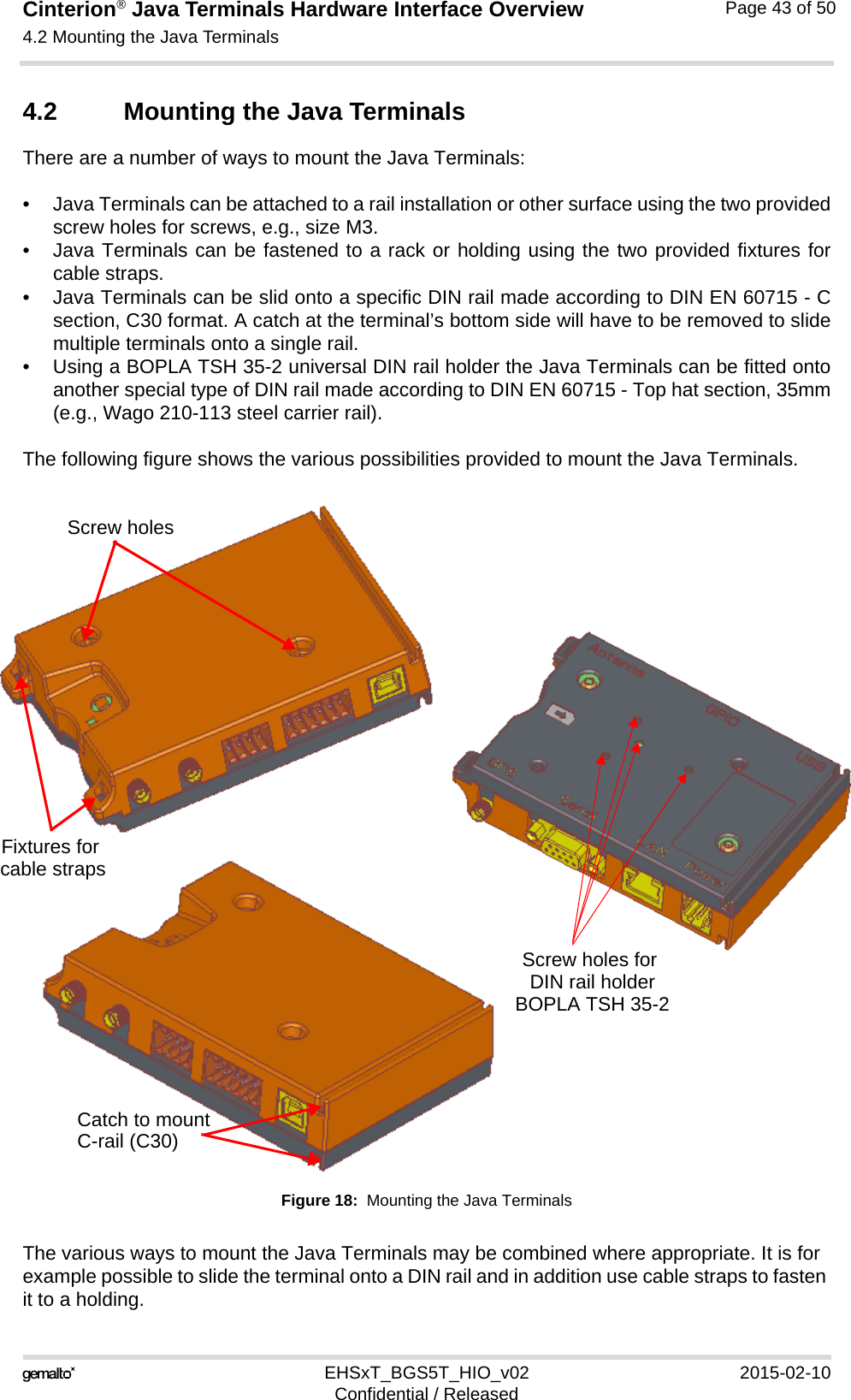 Cinterion® Java Terminals Hardware Interface Overview4.2 Mounting the Java Terminals44EHSxT_BGS5T_HIO_v02 2015-02-10Confidential / ReleasedPage 43 of 504.2 Mounting the Java TerminalsThere are a number of ways to mount the Java Terminals: • Java Terminals can be attached to a rail installation or other surface using the two providedscrew holes for screws, e.g., size M3. • Java Terminals can be fastened to a rack or holding using the two provided fixtures forcable straps.• Java Terminals can be slid onto a specific DIN rail made according to DIN EN 60715 - Csection, C30 format. A catch at the terminal’s bottom side will have to be removed to slidemultiple terminals onto a single rail.• Using a BOPLA TSH 35-2 universal DIN rail holder the Java Terminals can be fitted ontoanother special type of DIN rail made according to DIN EN 60715 - Top hat section, 35mm(e.g., Wago 210-113 steel carrier rail).The following figure shows the various possibilities provided to mount the Java Terminals.Figure 18:  Mounting the Java TerminalsThe various ways to mount the Java Terminals may be combined where appropriate. It is for example possible to slide the terminal onto a DIN rail and in addition use cable straps to fasten it to a holding.Catch to mountScrew holes for Screw holesFixtures for cable strapsDIN rail holderC-rail (C30)BOPLA TSH 35-2